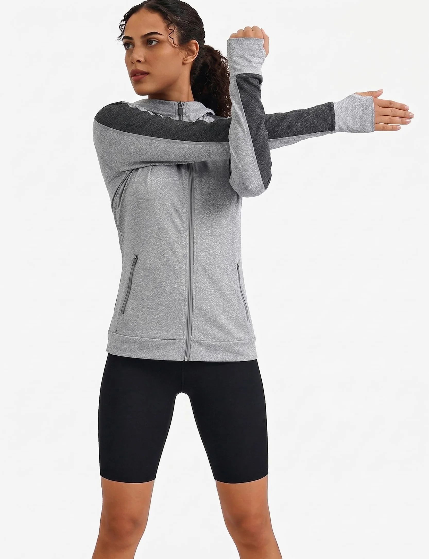 Damska kurtka do biegania, sportowa kurtka z długim rękawem, kurtka treningowa, bluza z kapturem, oddychająca, z otworem na kciuk i kieszenią, do biegania, jogi, fitnessu, szary, M