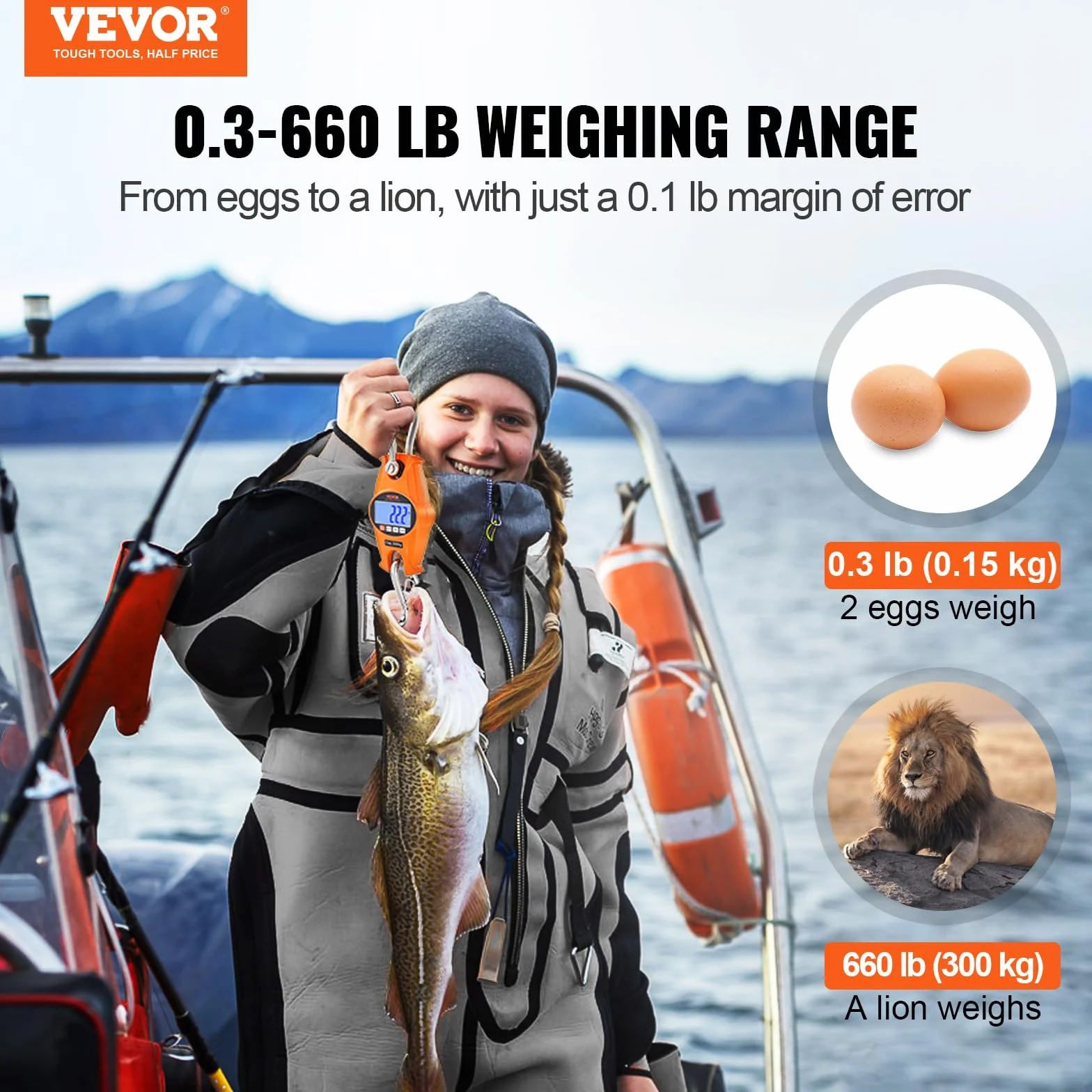 VEVOR Waga dźwigowa 0,15 do 300 kg, cyfrowa waga wisząca, lbs/kg/N, dokładność 0,05 kg, waga przemysłowa, wyświetlacz LCD, wisząca mini waga przenośna z hakiem