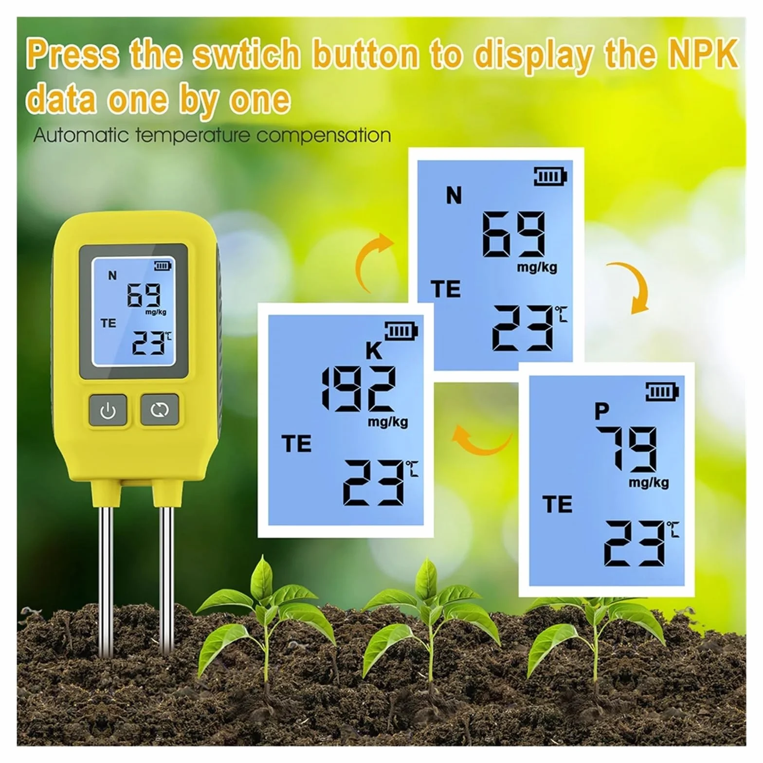 Miernik pH, Tester NPK gleby LCD Podświetlenie detektora 4 w 1 Nawóz glebowy Miernik składników odżywczych Analizator temperatury do szklarni