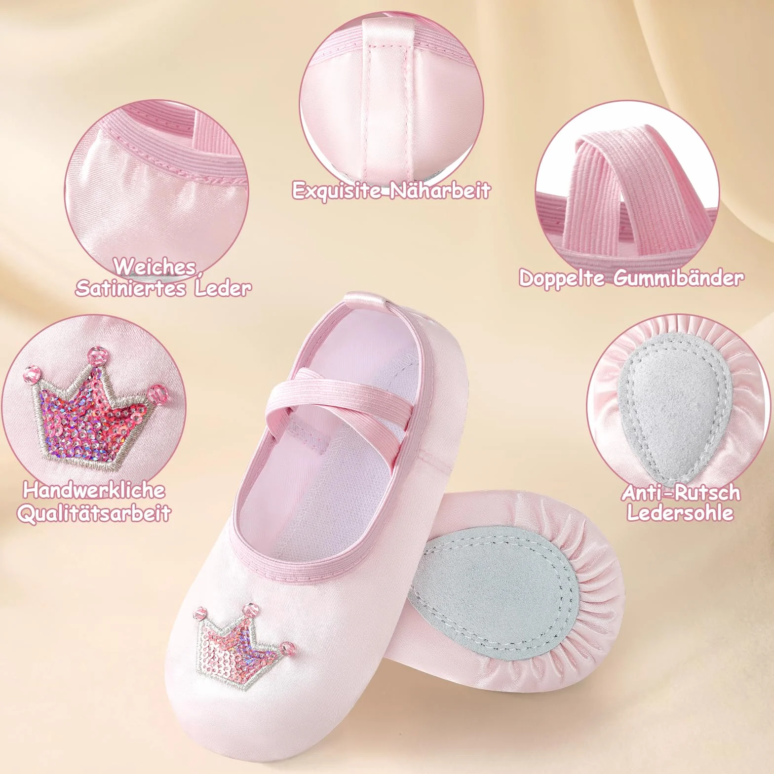 Buty baletowe dla dziewcząt, satynowe klapki baletowe z błyszczącą koroną, dzielona podeszwa, buty do tańca, buty baletowe dla dzieci, bez krawata, baleriny