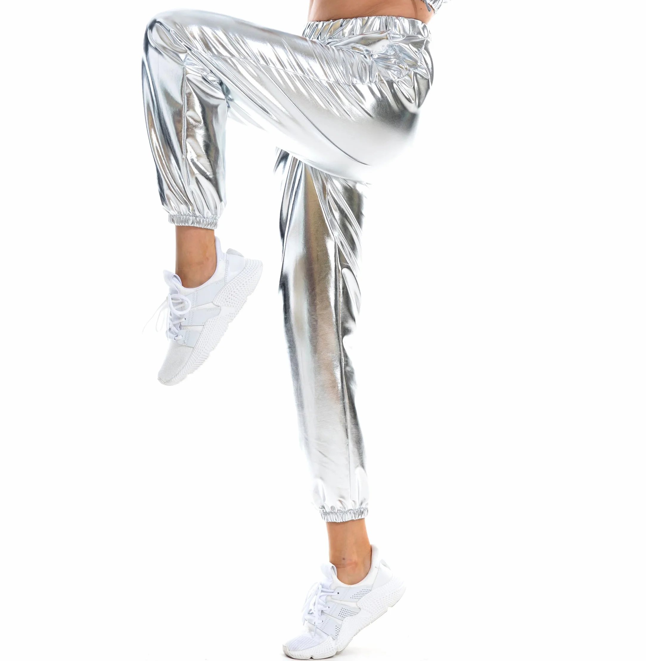 NewL Damskie metaliczne błyszczące joggery na co dzień holograficzne kolorowe spodnie streetwear hip-hop moda gładkie elastyczne spodnie
