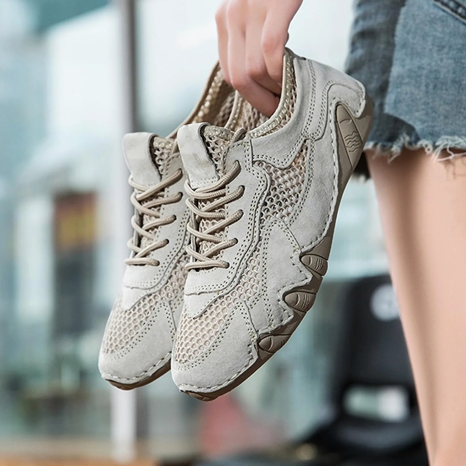 Siateczkowe, szerokie, elastyczne buty do chodzenia, Beżowy, 37 EU | System elastycznych sznurowadeł, miejskie spacery, dojazdy do biura, podróże w czasie wolnym