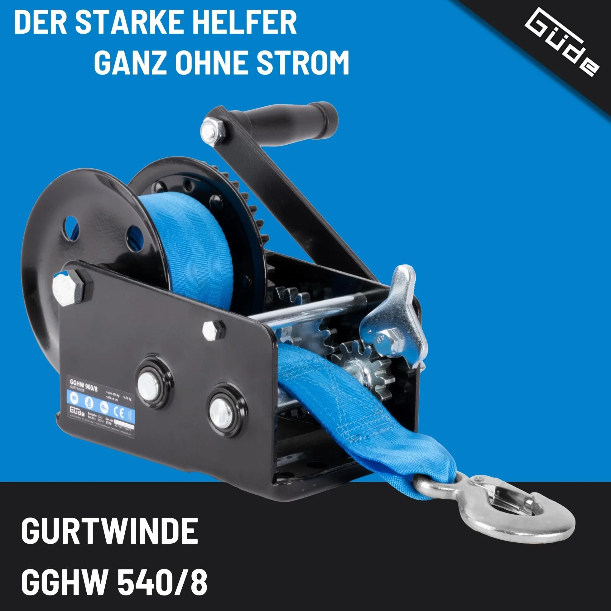 Güde Wciągarka GGHW 900/8 (maksymalna siła ciągnąca 900 kg, długość pasa 8 m, szerokość paska 5 cm, hak ładunkowy z otworem kropli, dźwignia blokująca, korba ręczna z miękkim uchwytem, płyta podstawy