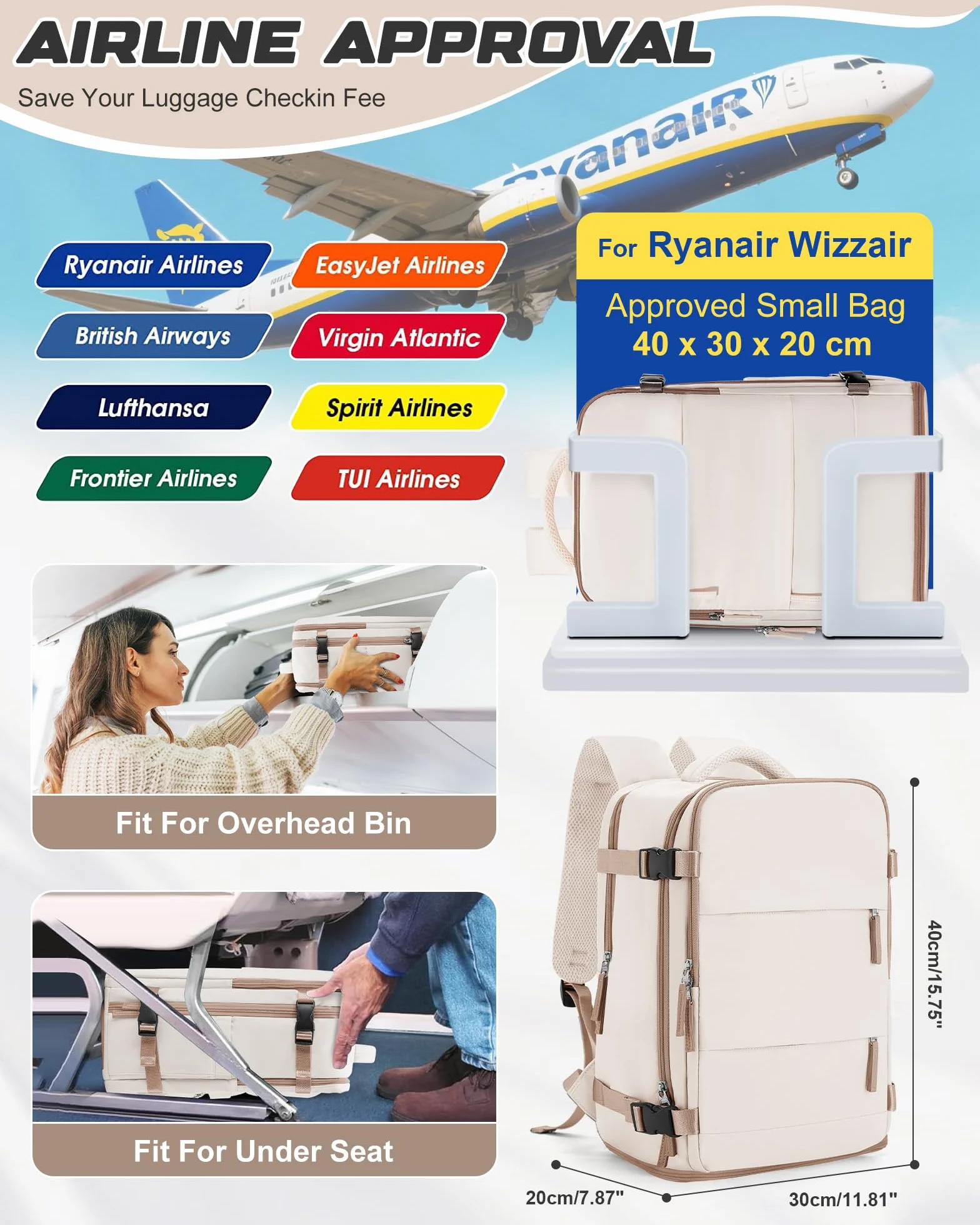Plecak próżniowy z pompką,plecak podręczny 40x30x20 dla Ryanair,plecak podróżny,bagaż podręczny pod siedzeniem,torba weekendowa,plecak turystyczny,codzienny plecak,H02-Beżowy Brązowy