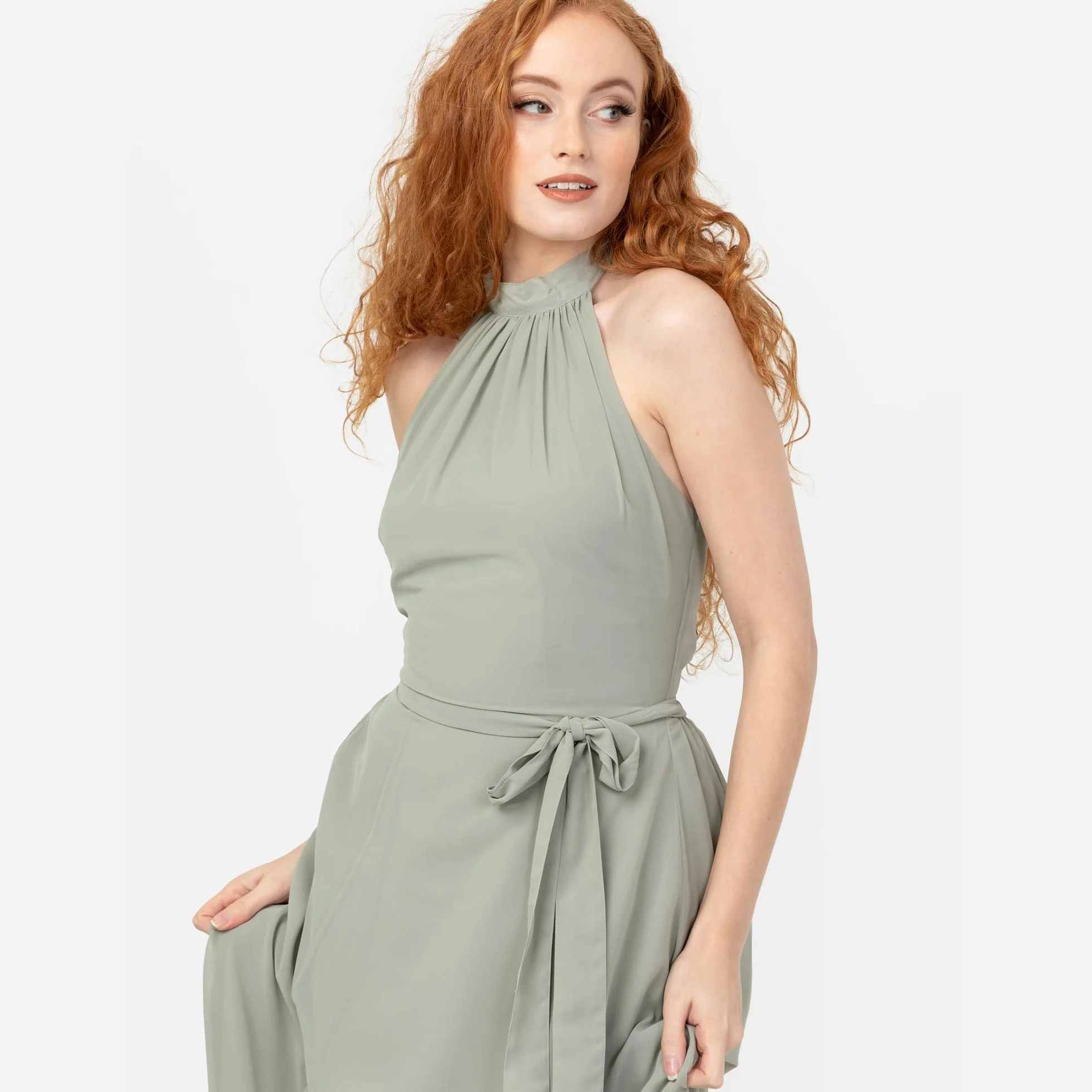 Anaya with Love Women's Maxi Dress Halter Neck A-line Sash Bow Belt Shirred Bridesmaid Wedding Guest Prom Ball Gown Frosty Green 44