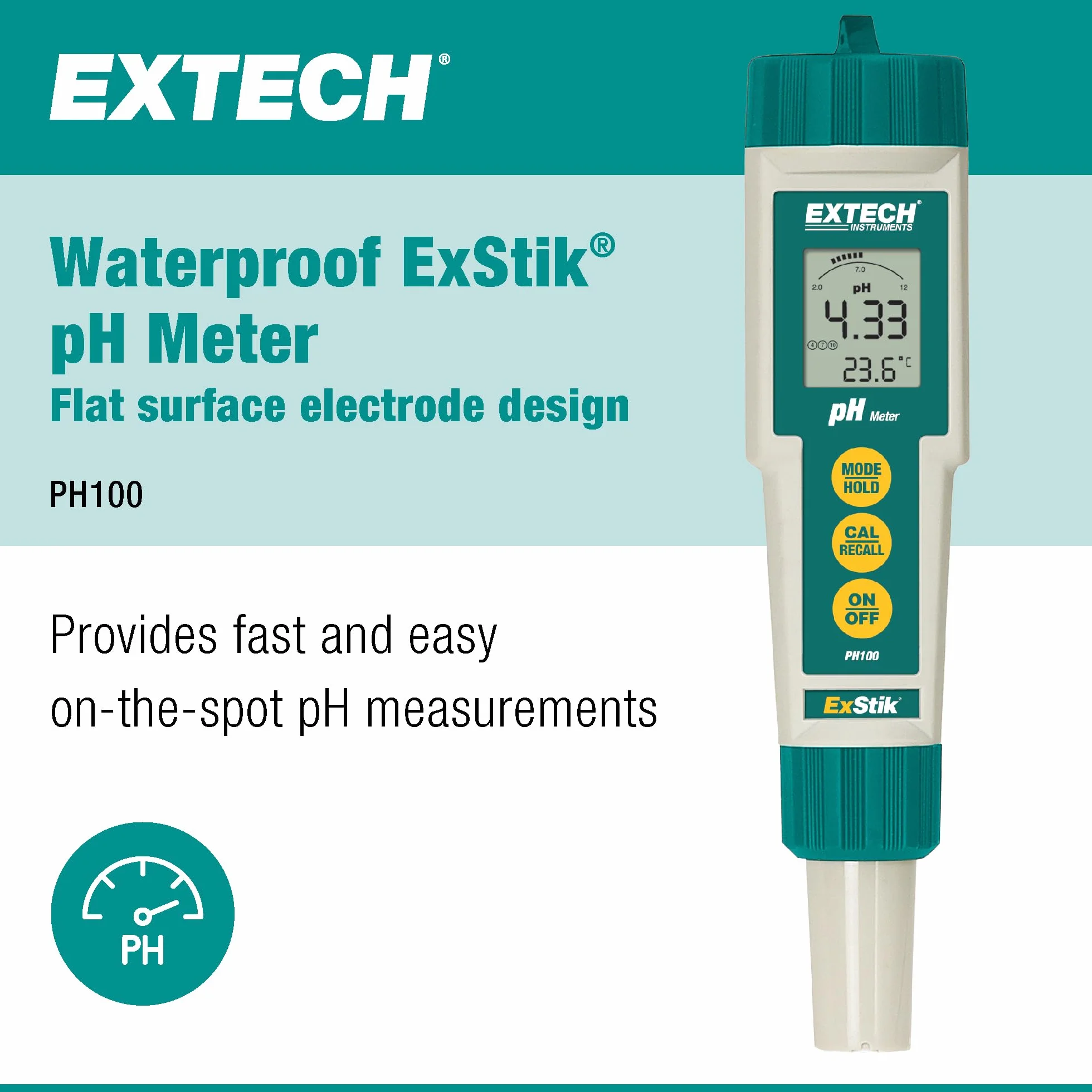 Extech PH100 Zestaw Miernika PH Wodoodporny ExStik II Z PłAską Elektrodą Powierzchniową I WyśWietlaczem Temperatury