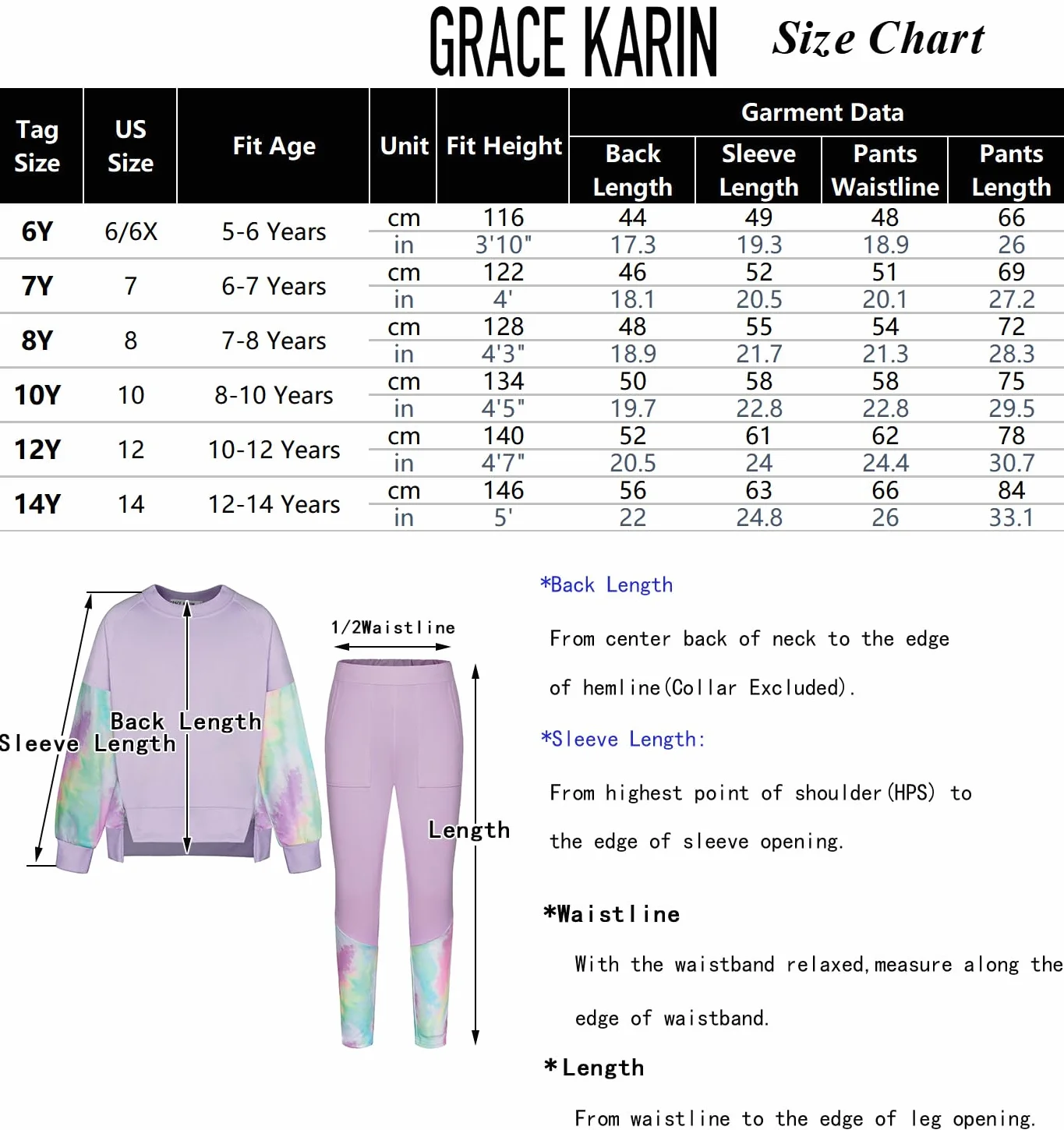 GRACE KARIN Dziewczęcy strój 2-częściowy zestaw bluzy z długim rękawem + spodnie skinny z kieszeniami dla 5-12 lat