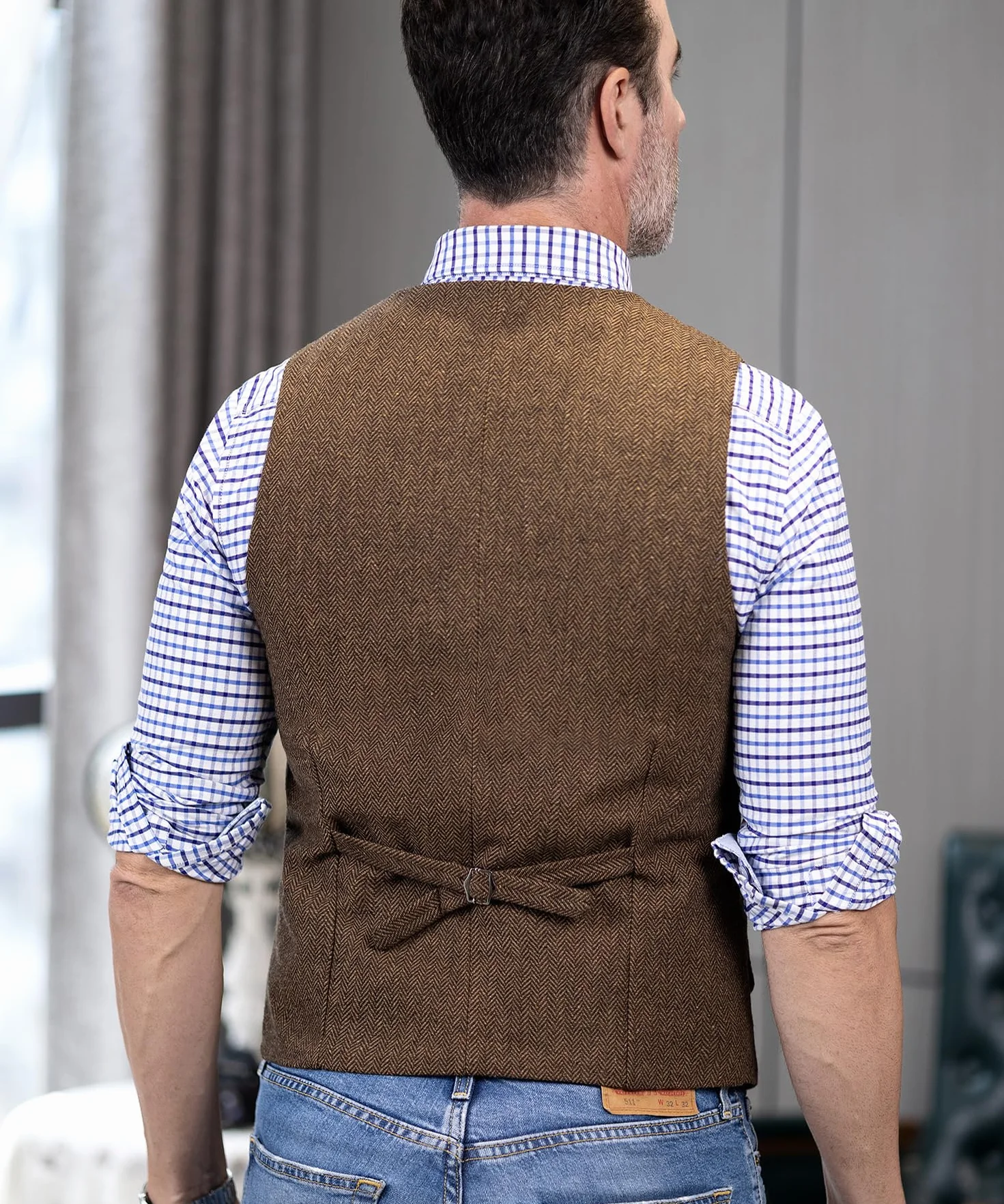 Tuikayoo Męska kamizelka Western Herringbone Tweed Garnitur Wełna Slim Fit Wełna