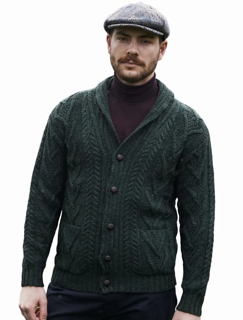 SAOL 100% wełna merino męski Aran Cable Knit szal kołnierz casual irlandzki kardigan z guzikami i kieszeniami