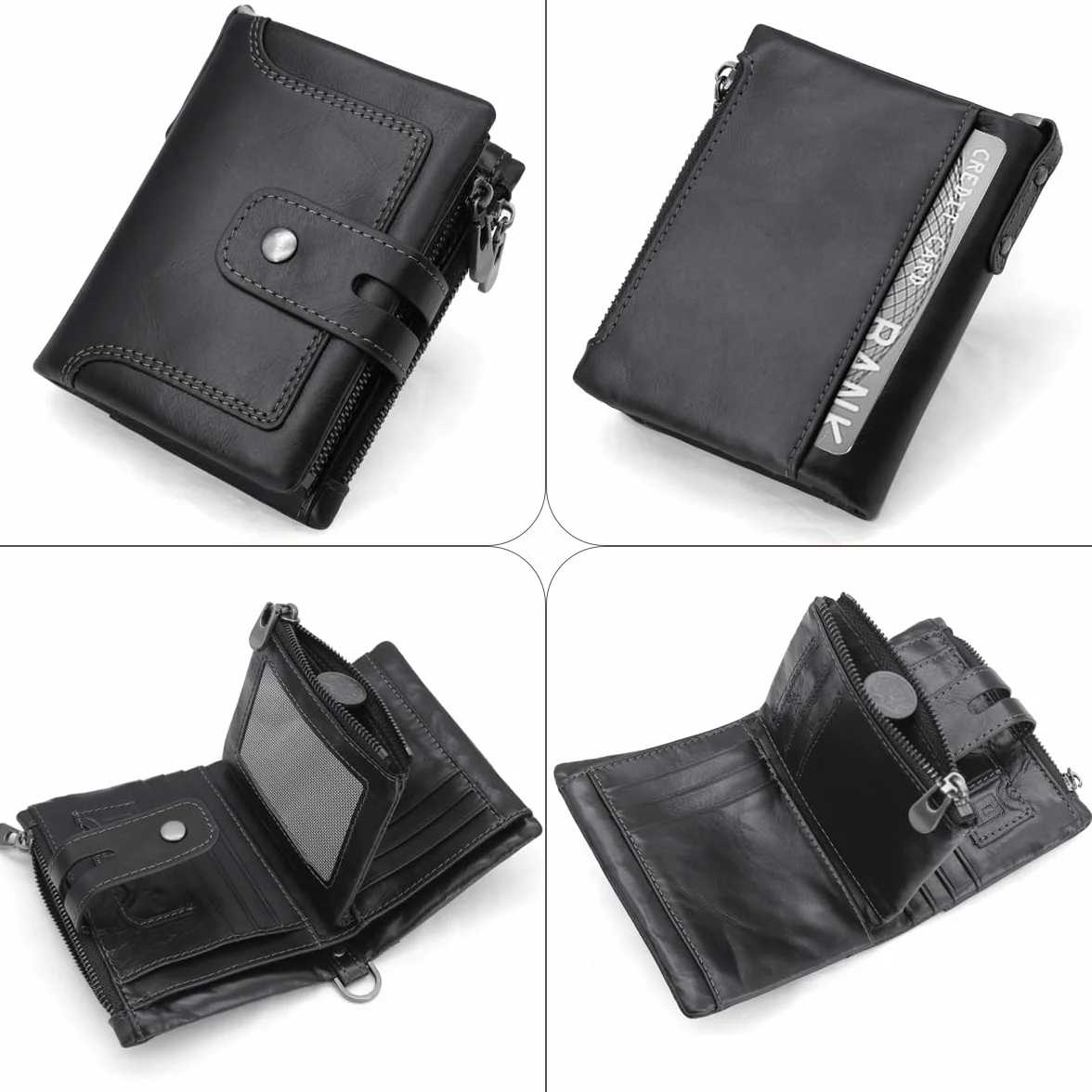 REETEE Męski skórzany portfel blokujący RFID 16 miejsc na karty z łańcuszkiem czarny srebrny 9.5 cm x 12 cm x 2.5 cm