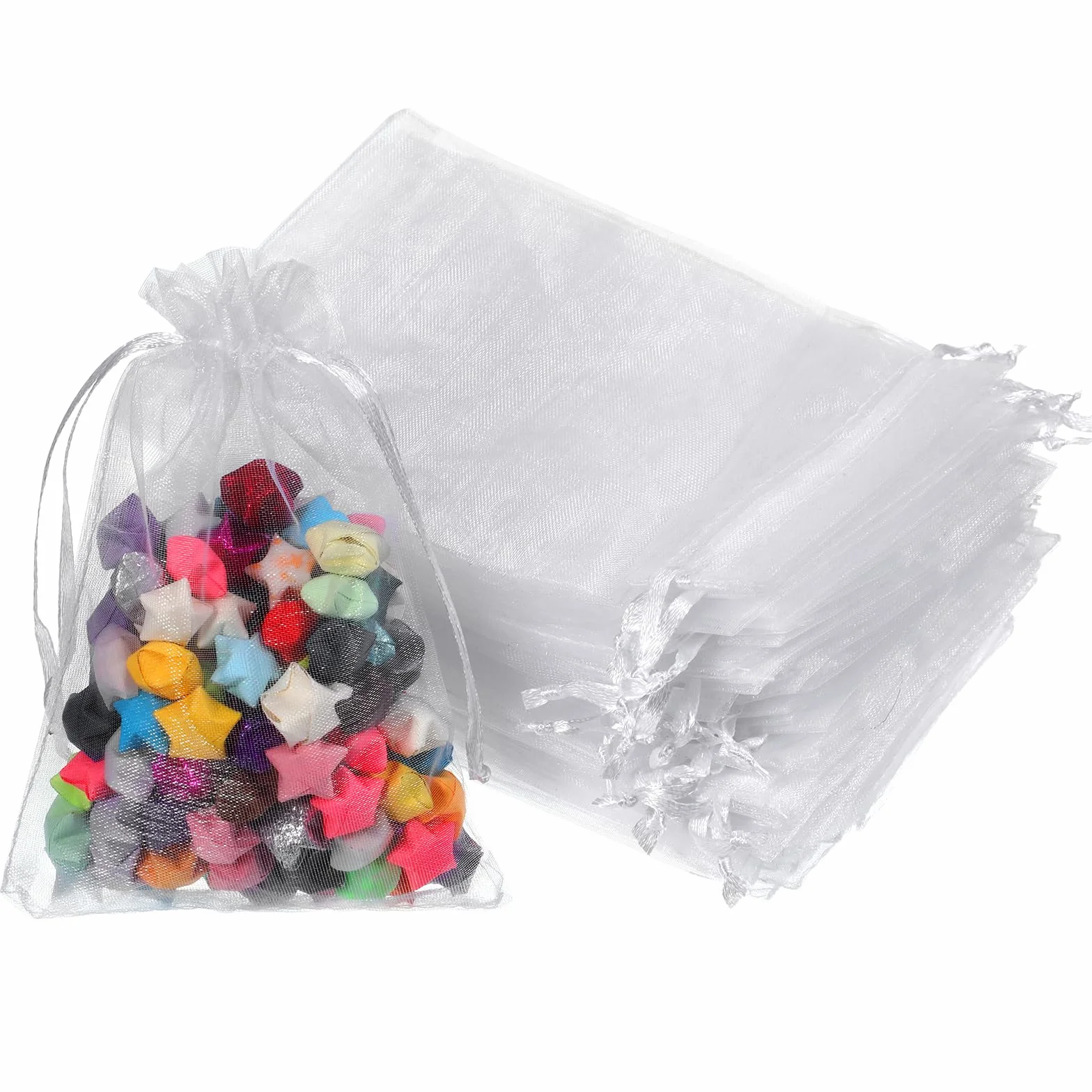 LXUEJIE 100 szt. białych torebek z organzy, 10 x 15 cm, małe siatkowe torby na prezenty, przezroczysta torba siatkowa ze sznurkiem na upominki weselne, biżuteria, cukierki