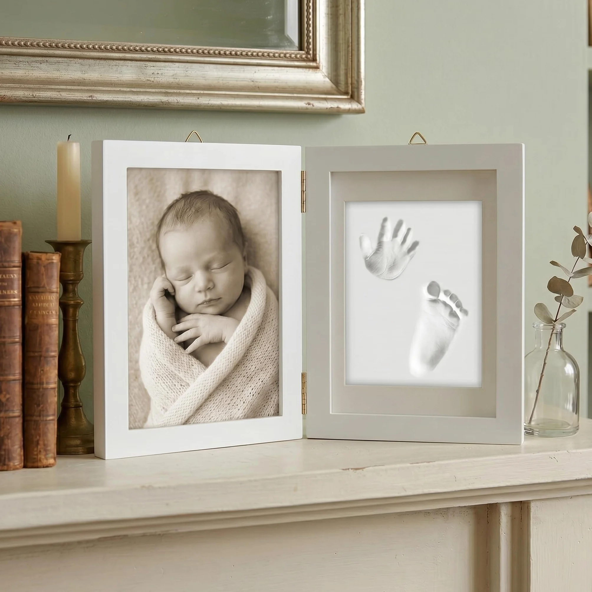 Chuckle - Ramka na zdjęcia z gliny i dłoni dziecka, zestaw pamiątkowy - prezent na Dzień Matki, nowa mama i rodzice, noworodki, baby shower, przyjęcie i dekoracja pokoju dziecięcego - biała