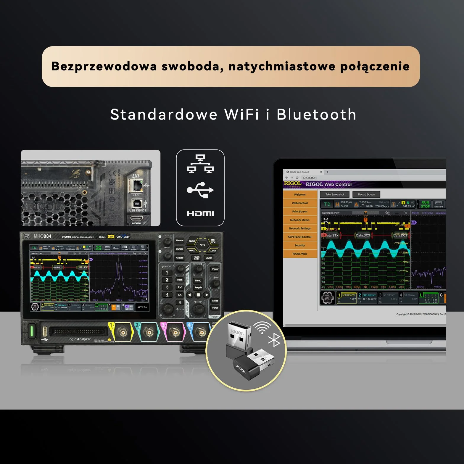 RIGOL MHO98 Oscyloskop Cyfrowy, 1GHz, 4GSa/s, 12-bit, 4+16 Kan., Wbudowany AFG, Wi-Fi & Bluetooth, Zasilanie Type-C, Ultra-przenośny