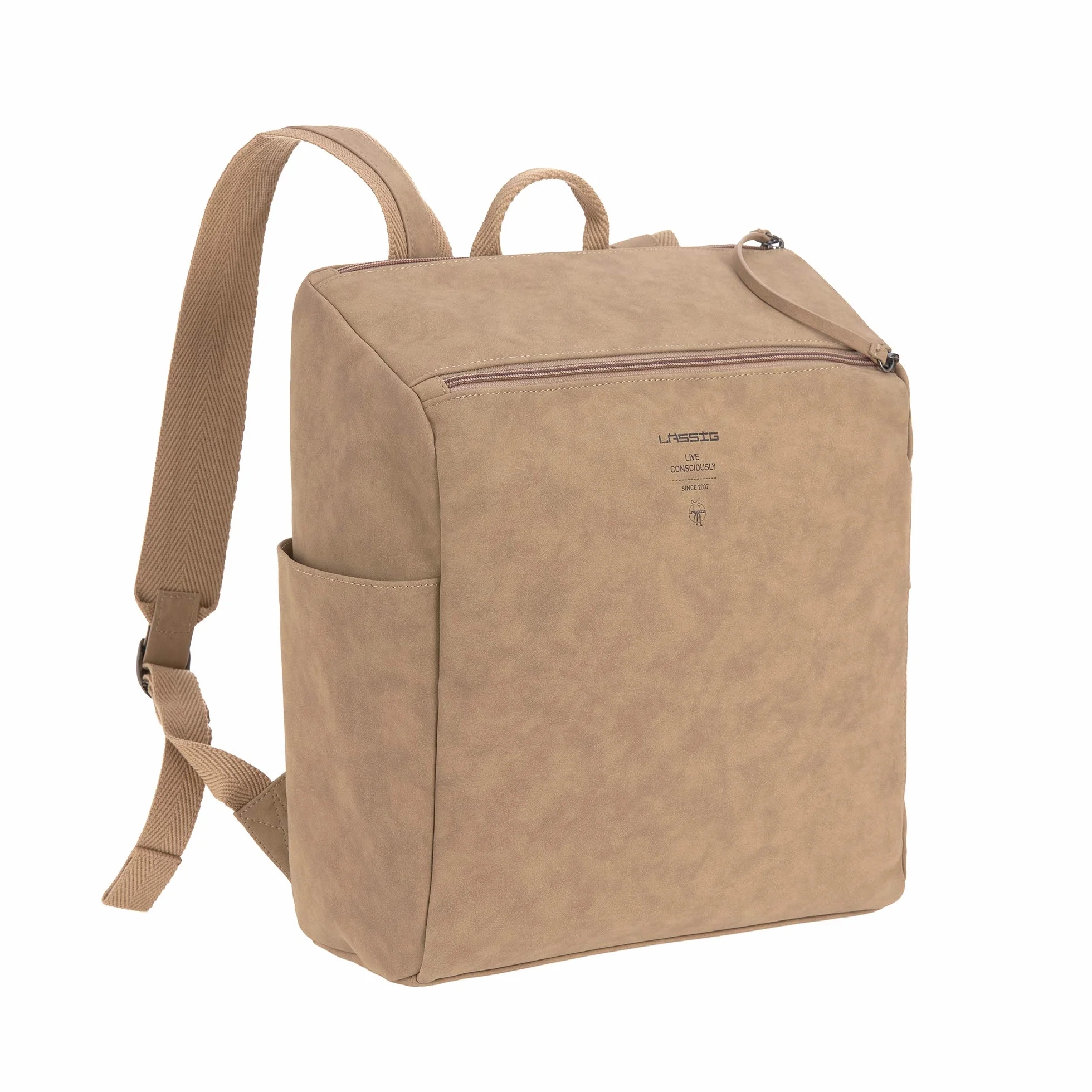 LÄSSIG Plecak do przewijania dla niemowląt, torba do przewijania ze skóry wegańskiej/Tender Backpack Camel, 1 sztuka (1 opakowanie)