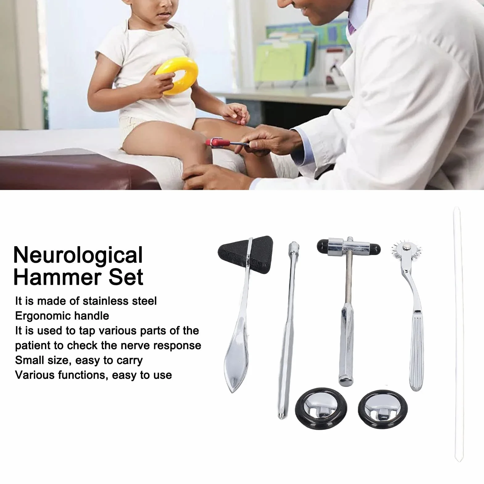 Ejoyous Zestaw Neurologicznych Perkusji, 5PCS ze Stali Nierdzewnej Wielofunkcyjne Przenośne Medyczne Młot Neurologiczny do Badania Układu Nerwowego dla Pielęgniarek Studentów Medycyny