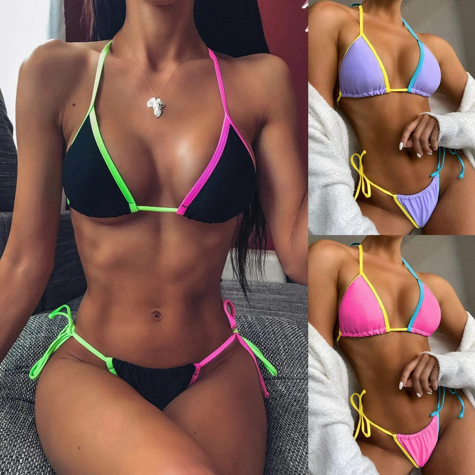 Patchworkowe stringi mikro bikini damskie seksowne bandażowe bikini Set Push Up wyściełane stroje kąpielowe strój kąpielowy z wysokim stanem (kolor: czarny, rozmiar: mały) (różowy S)