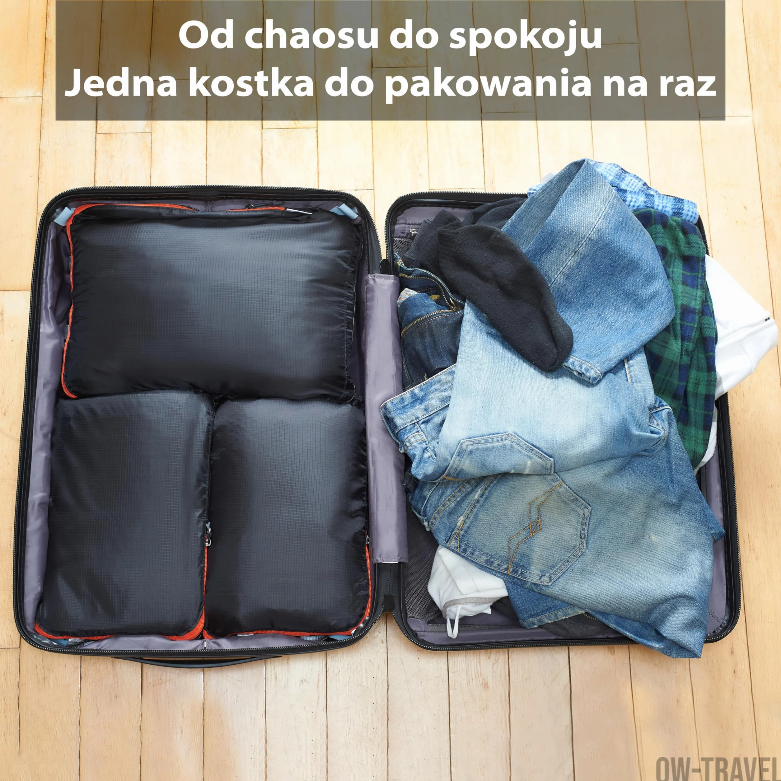OW-Travel Łatwe do zorganizowania kompresyjne kostki do pakowania walizek. 4 Duże Kostki Podróżne do Torby Plecaka Bagażu. Akcesoria podróżne Niezbędne na wakacje. 4 szt. C zarny