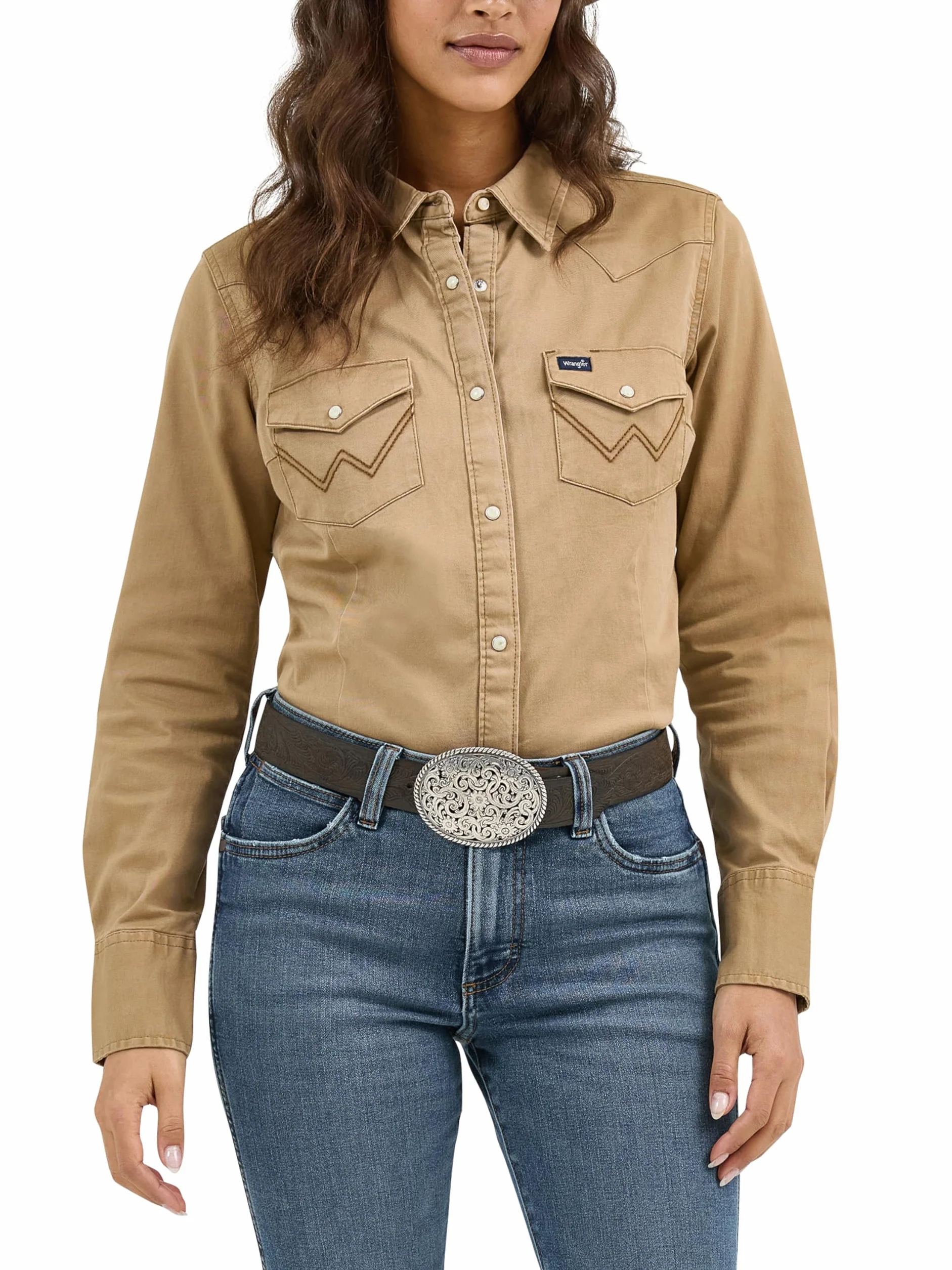 Wrangler Damska bluzka z długim rękawem Snap Front Denim Western, Rawhide, M