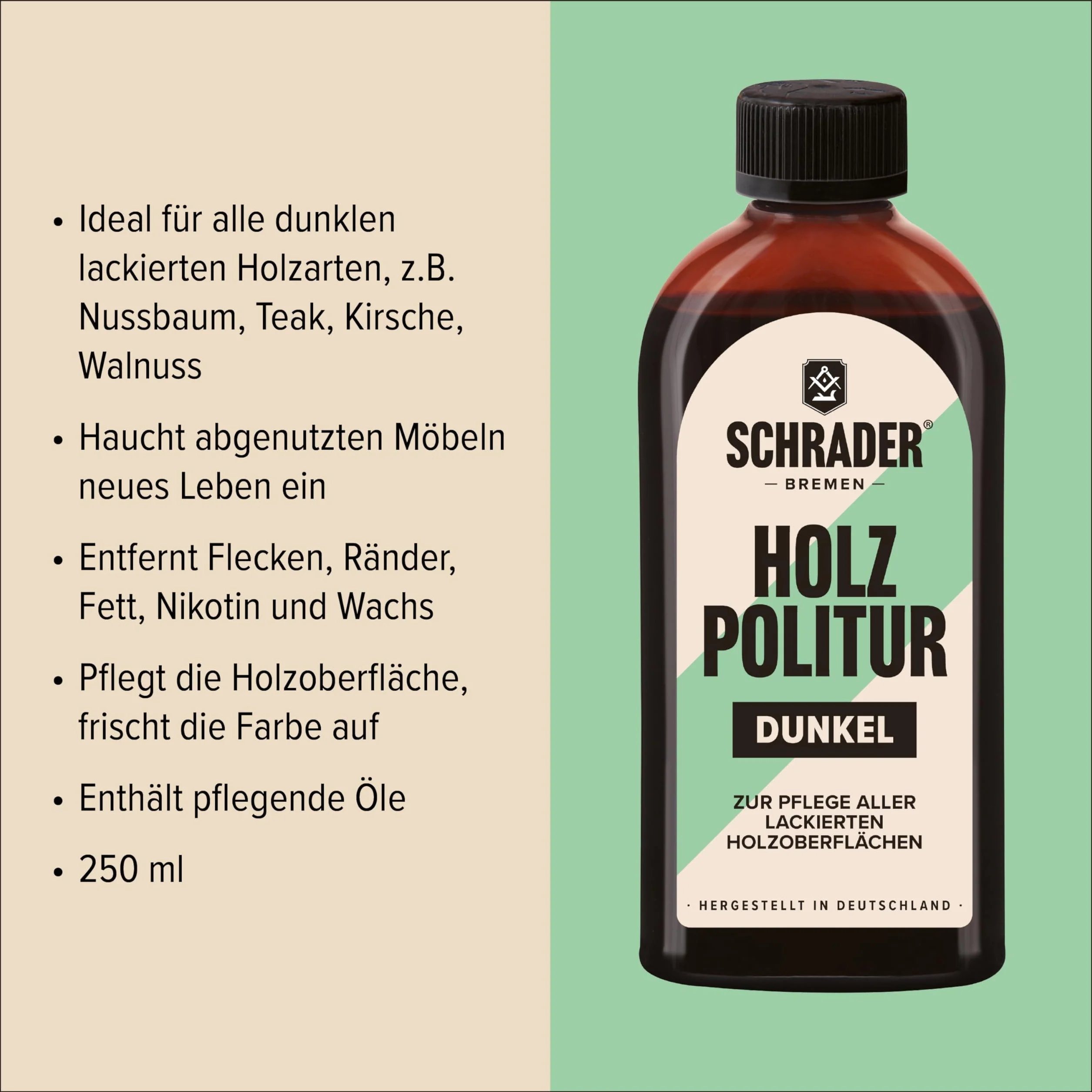 SCHRADER politura do drewna, ciemna politura do mebli, odświeża lakierowane meble drewniane – 1 x 250 ml – ze ściereczką do polerowania – Made in Germany