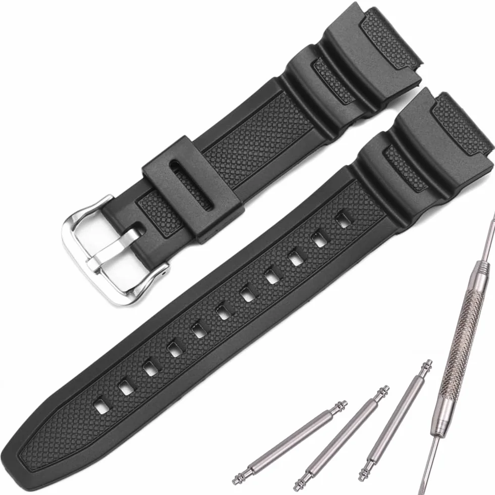 Zapasowy pasek do zegarka z żywicy naturalnej, kompatybilny z Casio AE-1200 SGW-300H MRW-200H W-735H wodoodporny gumowy pasek, Czarna srebrna klamra, 18mm, Klasyczny