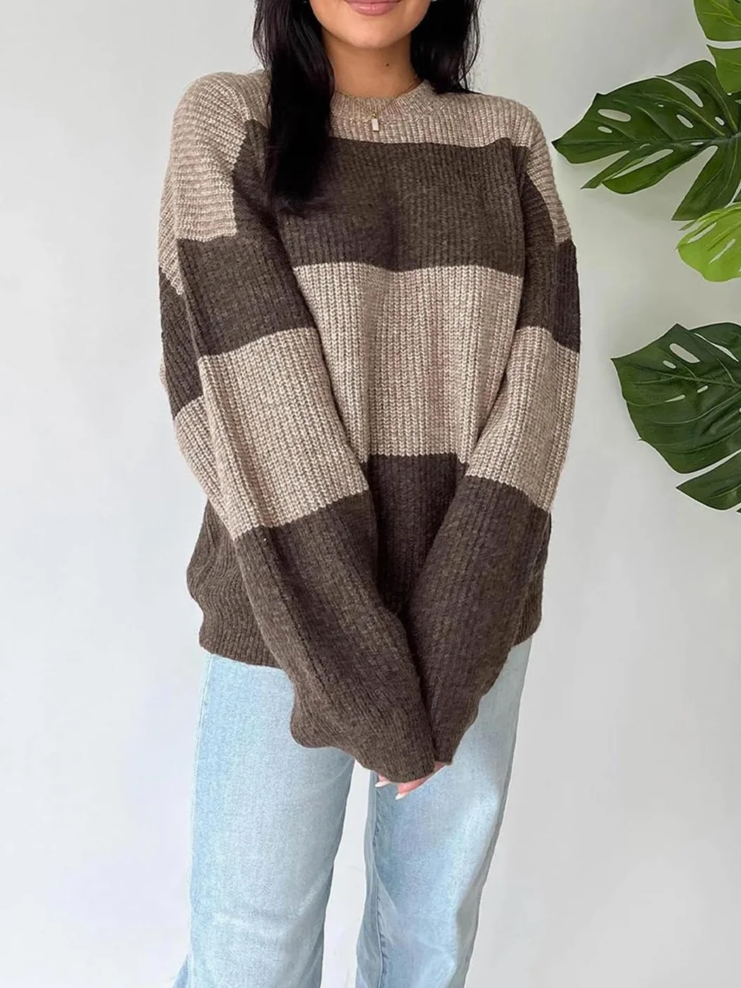 Damski sweter w jednolitym kolorze zimowy luźny długi rękaw modny dzianinowy S oversize sweter z prążkowanym okrągłym dekoltem