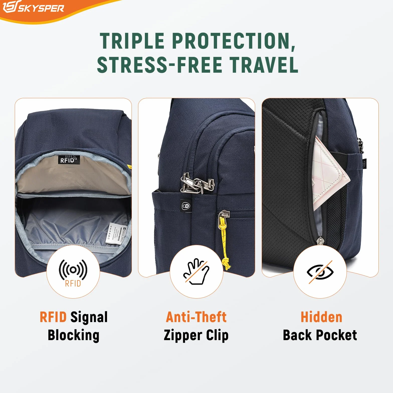 SKYSPER Torba na ramię RFID antykradzieżowa torba crossbody, z recyklingu, podróżna, torba na ramię, plecak na ramię