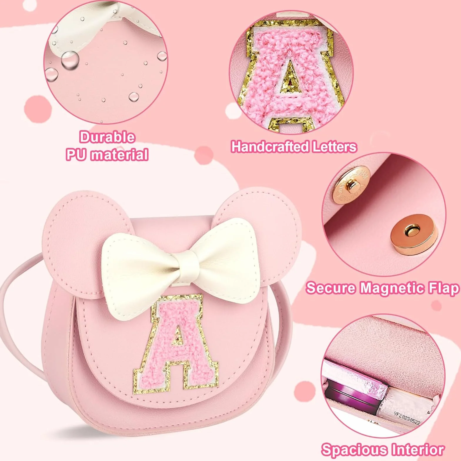 Little Mouse Ear Bow Crossbody Purse, PU mini torebka na ramię dla dzieci 2-8 lat