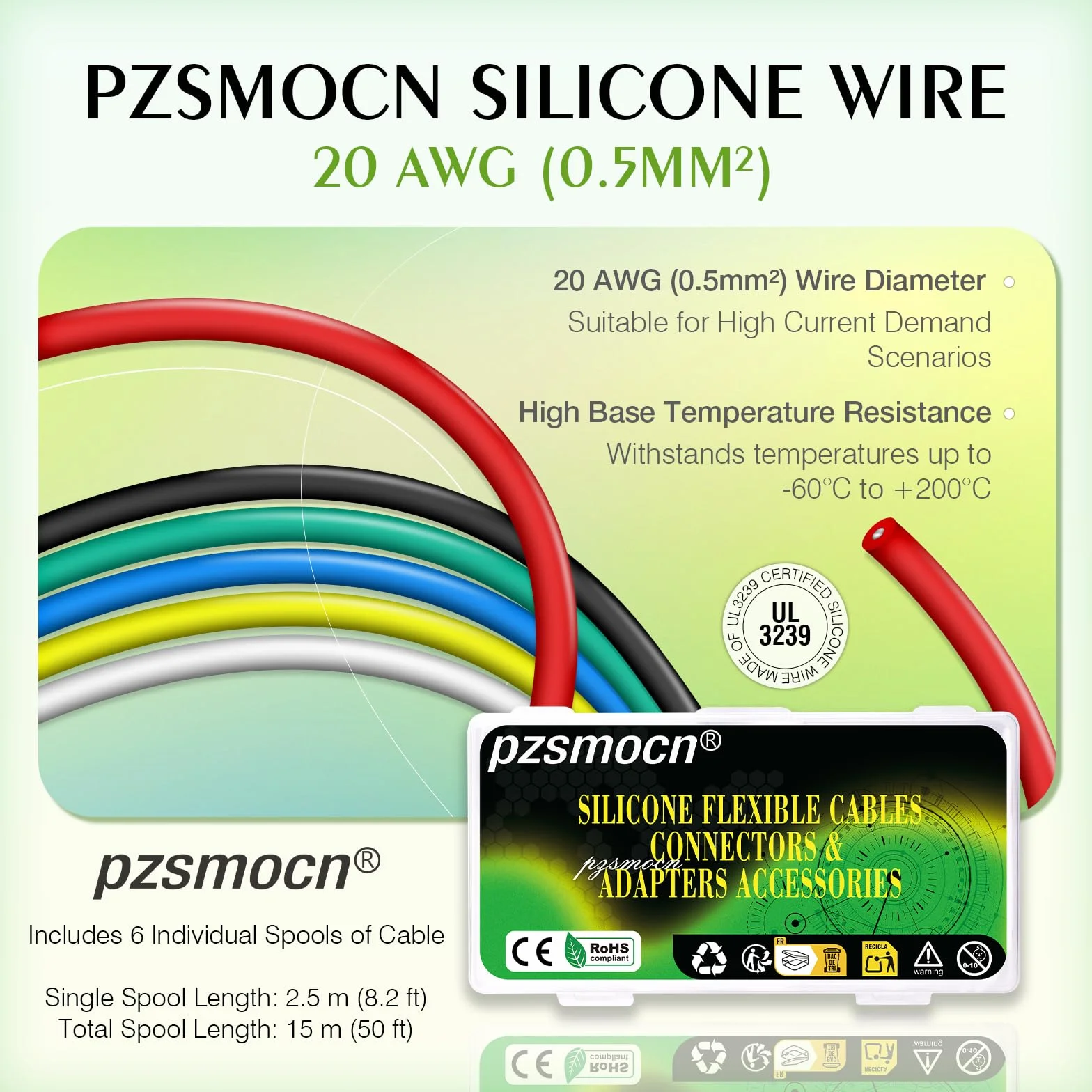 20 AWG drut pleciony silikonowy, cynkowana miedź, po 2,5 m, 6 kolorów, elastyczny 20 G, zestaw kabli elektrycznych 0,5 mm², 15 m, zestaw kabli przyłączeniowych 200 C