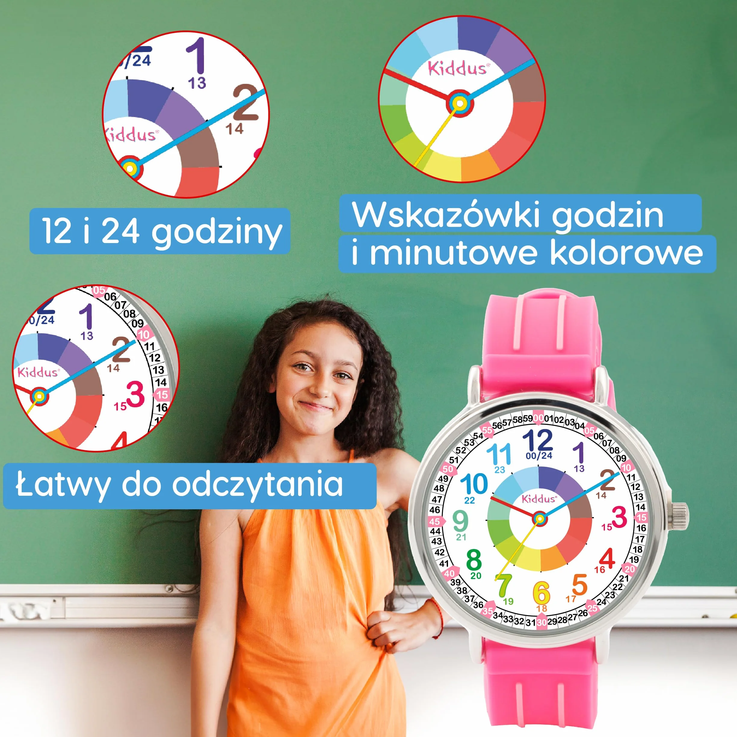 Kiddus Analogowy zegarek edukacyjny dla chłopca, dziewczynki. Naucz się czytać zegar dzięki naszemu łatwemu systemowi Time Teacher, ćwiczenia w zestawie. Zaprojektowany w Barcelonie, ciągnąć