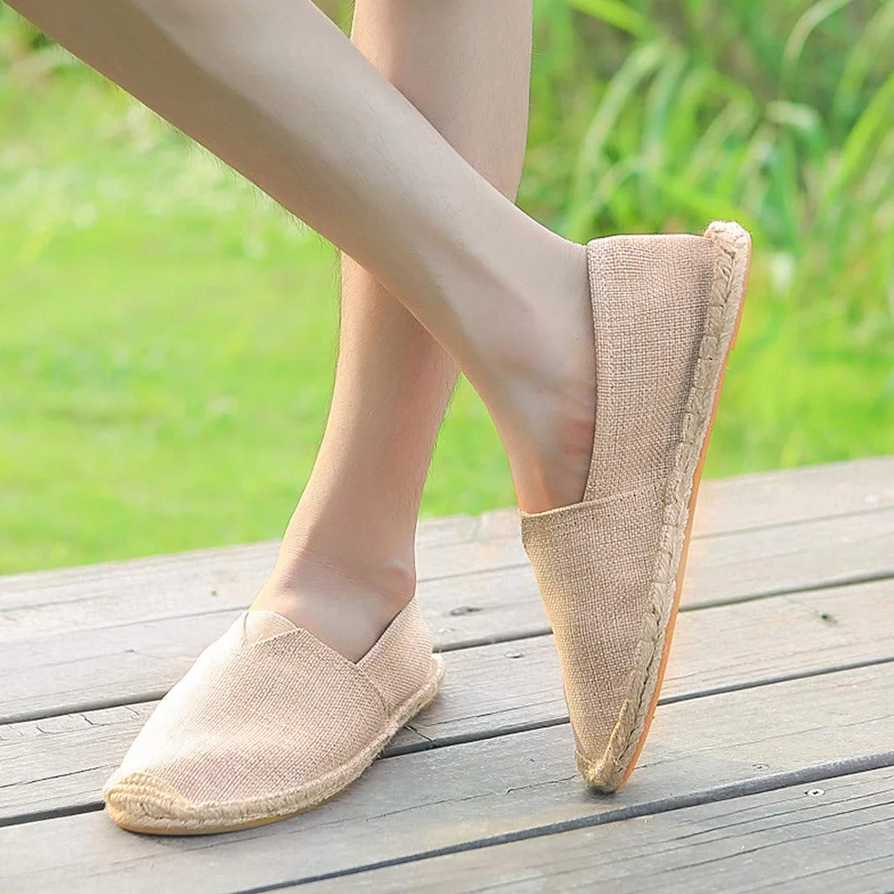 Słomiane buty plażowe, lniane, męskie, płócienne, espadryle, damskie, wsuwane, płaskie