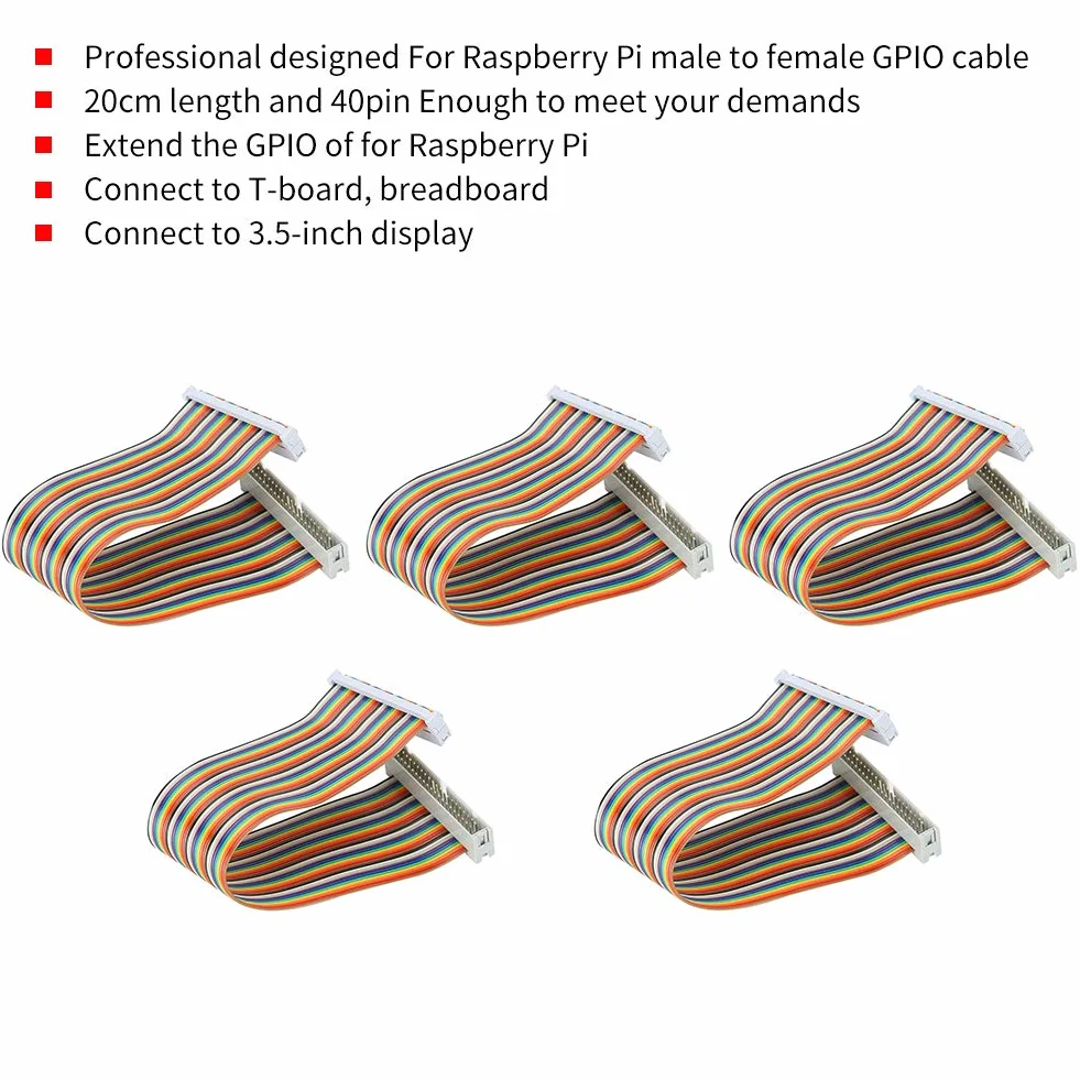5 sztuk Kabel GPIO, męski na żeński 40-pinowy płaski kabel taśmowy, do (7,9 cala)(Mężczyzna na kobietę)