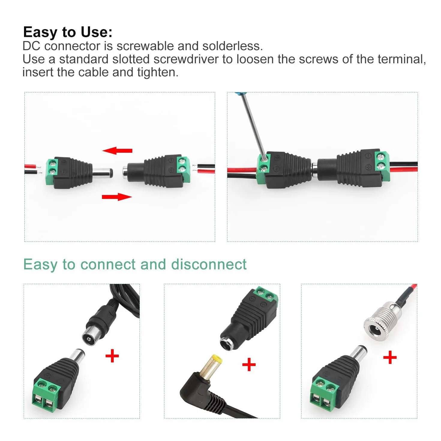 YIXISI 4 Par 5.5x2.1 mm 12V Męskie Żeńskie Złącze Zasilania Prądem Stałym, Złącze Wtykowe z Zaciskiem Śrubowym DC, Wtyk Adaptera Złącza Zasilania Jack DC, do Taśmy LED Kamery Monitoringu CCTV