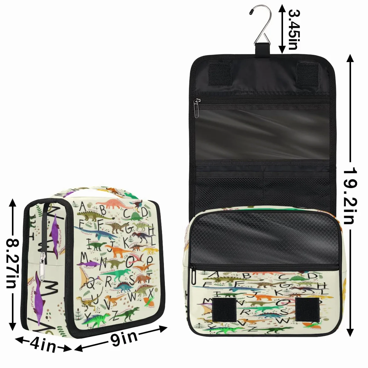 Dinozaury Podróżna kosmetyczka Alfabety Dinozaury Mycie Torba Unisex Wiszące przybory toaletowe Kosmetyczka Organizer do makijażu, wielobarwny, Jeden rozmiar