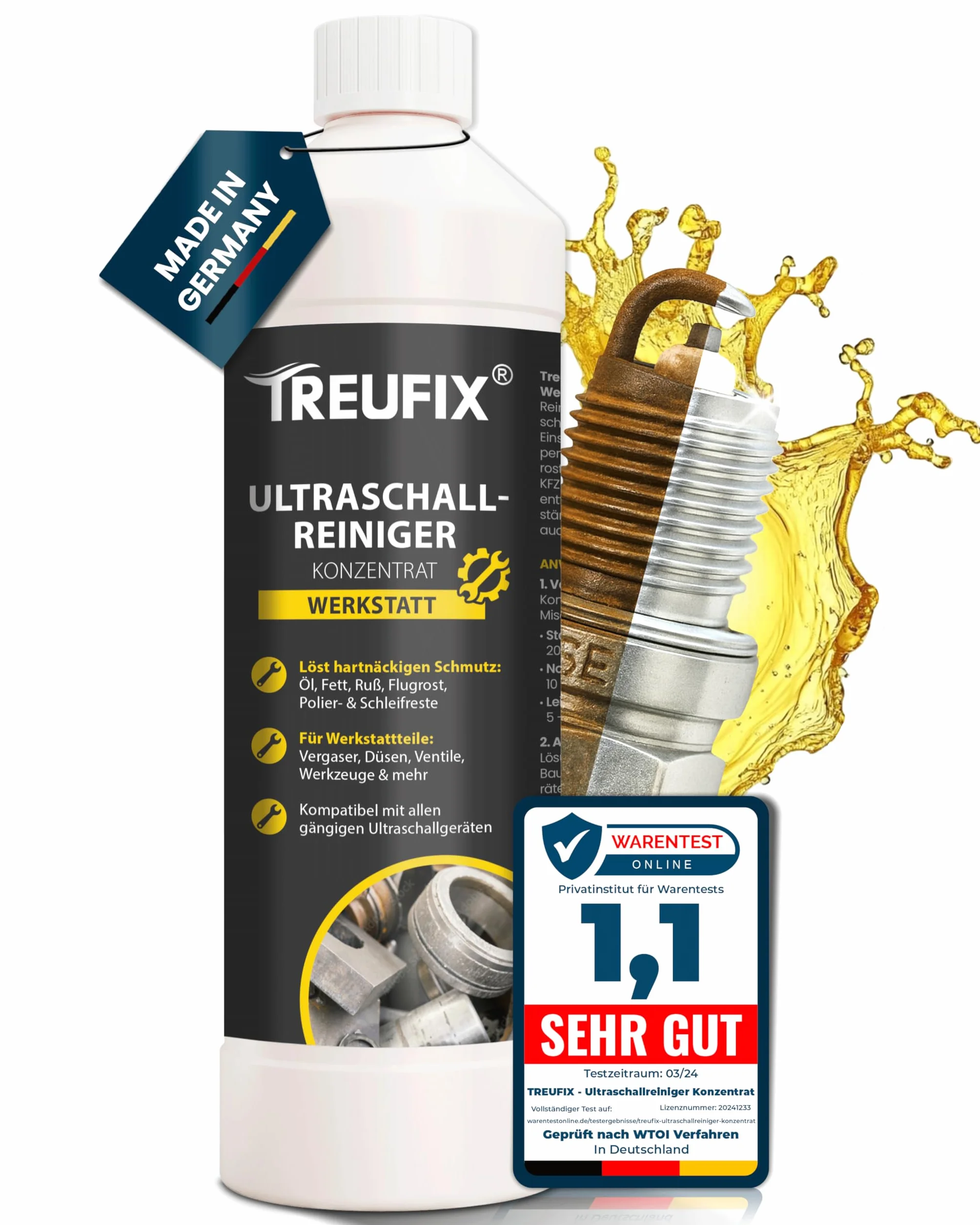 Treufix Koncentrat do czyszczenia ultradźwiękowego, 750 ml, do gaźników, dysz wtryskowych, części silnika – odporny na olej, tłuszcz, sadzę – chroni materiał i jest skuteczny – Made in DE