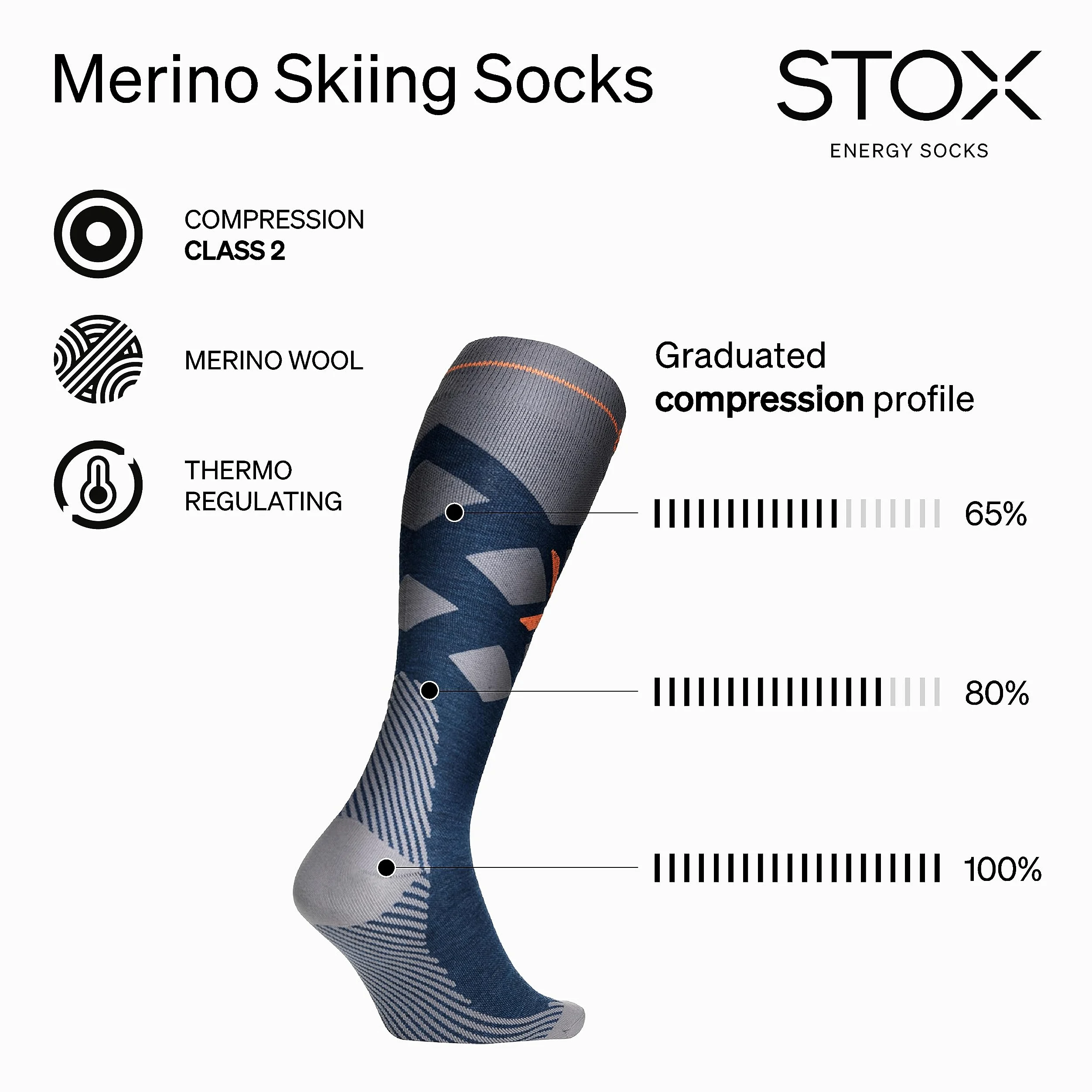 STOX Energy Socks, Damskie skarpety narciarskie, klasa kompresji 23-32 mmHg, pończochy narciarskie, skarpety uciskowe, wełna z merynosów, jazda na nartach, skarpety kompresyjne, pończochy podporowe,