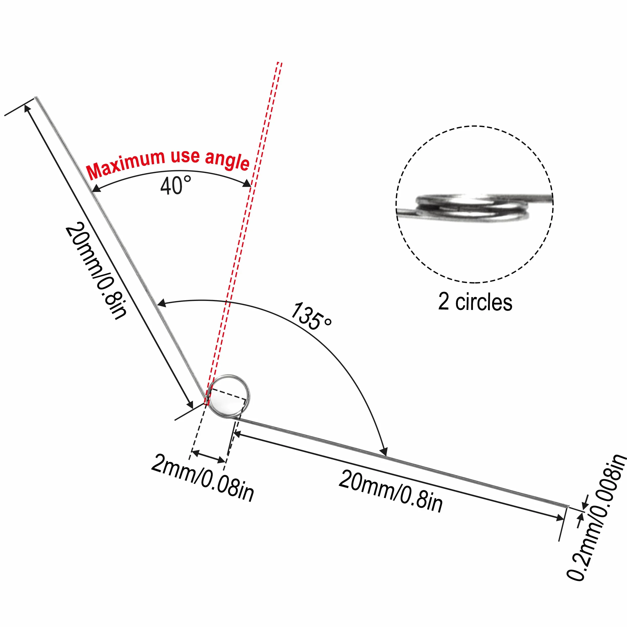 10 szt. sprężyn skrętnych ze stali nierdzewnej średnica drutu 0,2 mm średnica wewnętrzna 2 mm długość ramienia 20 mm kąt 135° 2 obroty lewy 0,2 x 2 x 20 mm