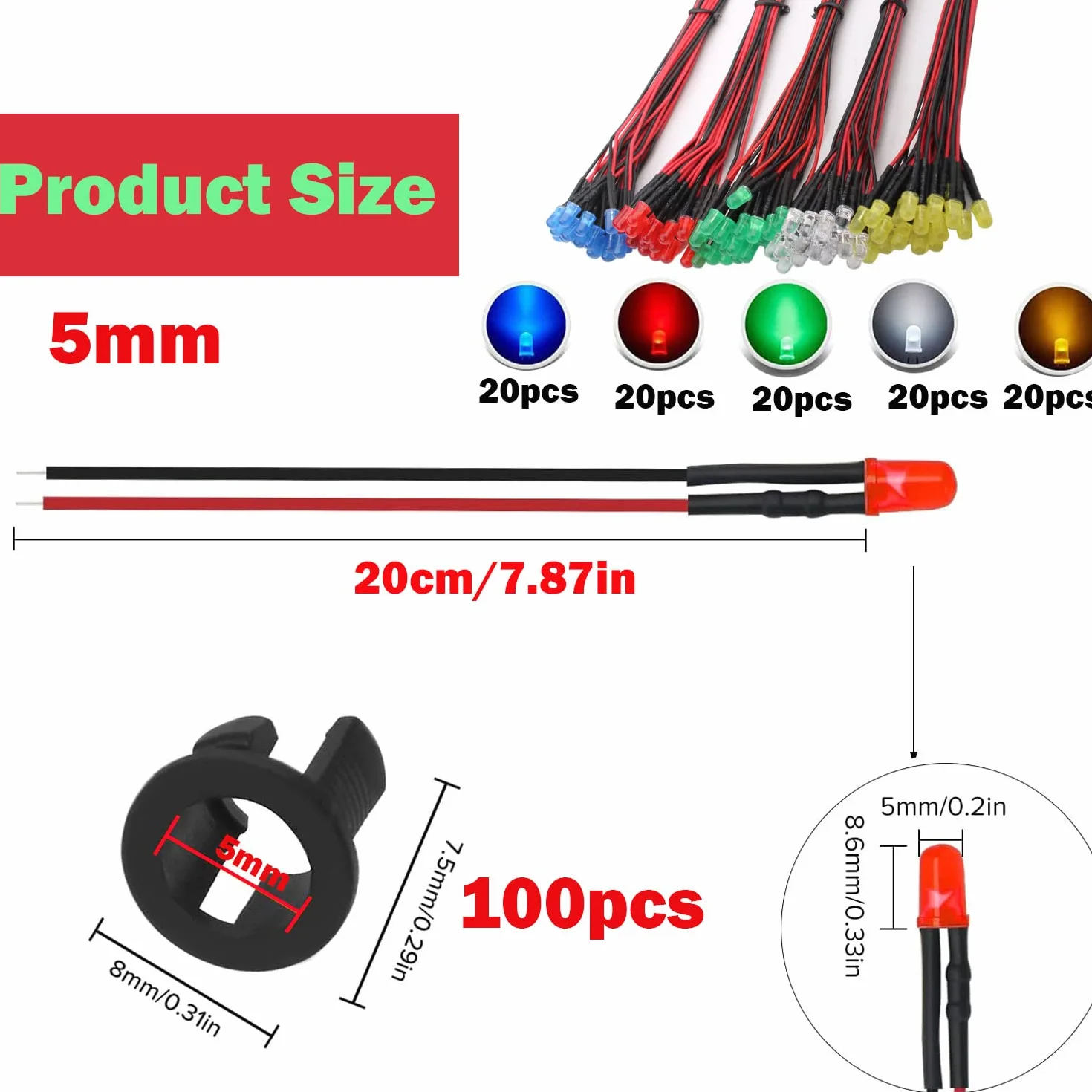 RUNCCI-YUN 100 szt. 5 mm diody LED 3V-9V-12V, diody LED z kablem 12V, oświetlenie modelu kolejowego h0, RC modelowanie, diody LED światło + 100 szt. 5 mm plastikowe pierścienie montażowe LED (czerwone