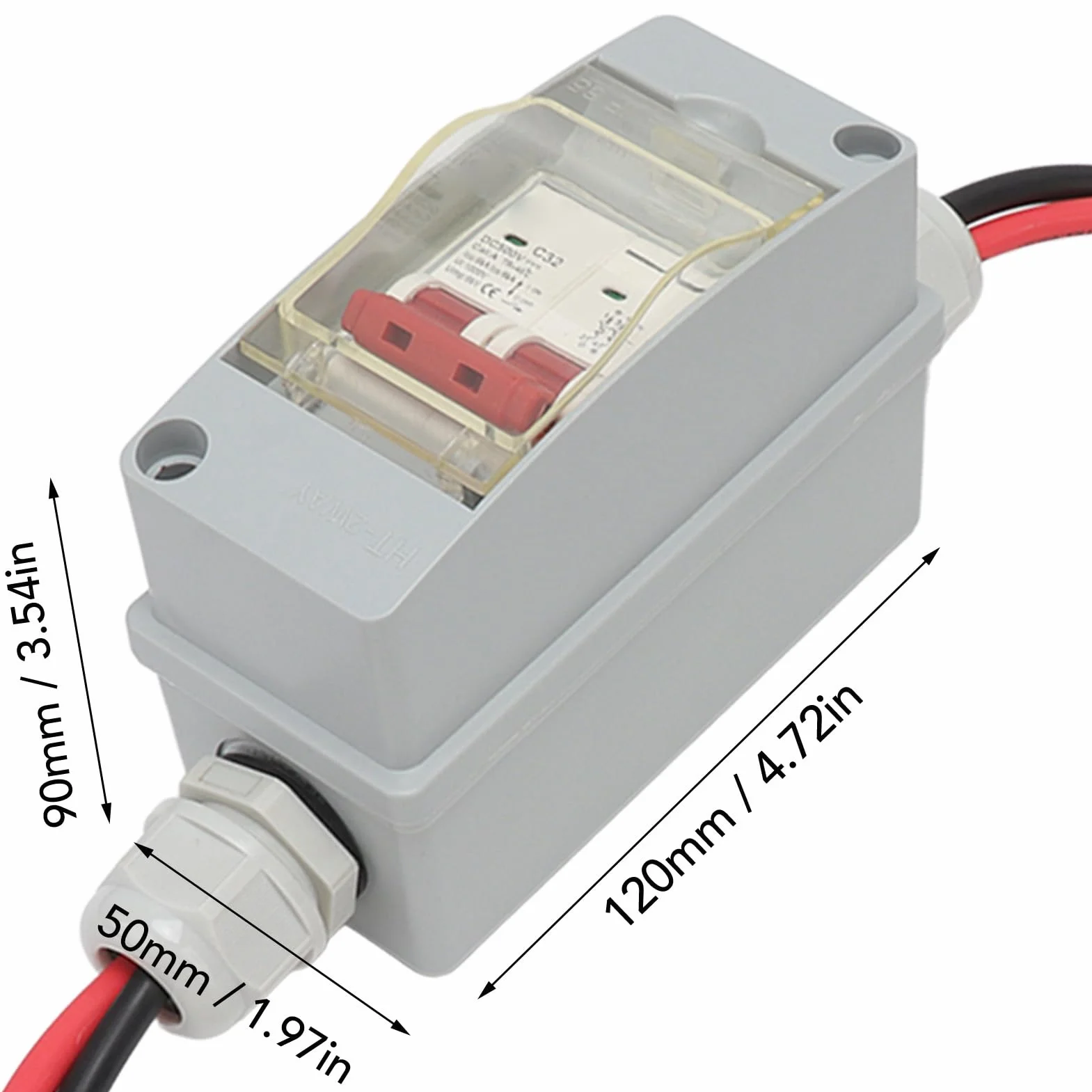 Mini Wyłącznik Instalacyjny, 32A 500V DC Rozłącznik, MCB 2P Solar Power Sink Przełączanie Obciążenia Przełącznik Powietrza ze skrzynką rozdzielczą IP65 (Z kablem i złączem PV)