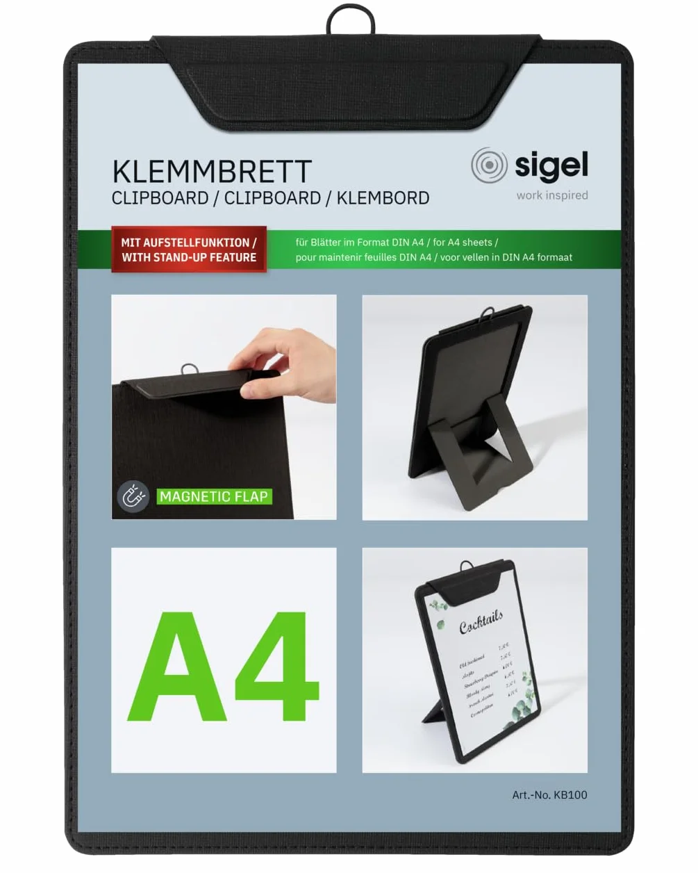 SIGEL KB100 deska zaciskowa do menu A4, czarna, z funkcją podstawki, stabilna deska z klipsem