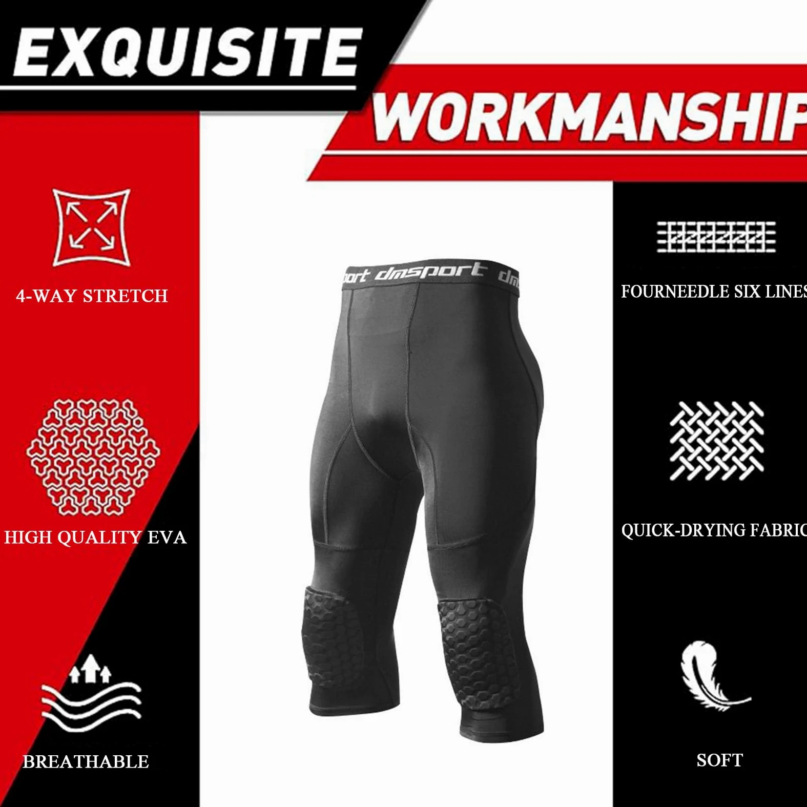 Spodnie do koszykówki z ochraniaczami na kolana, spodnie kompresyjne 3/4 ochraniacze na kolana legginsy Capri Legginsy, antykolizyjne, fajne i suche legginsy, legginsy Capri, piłka nożna, koszykówka,