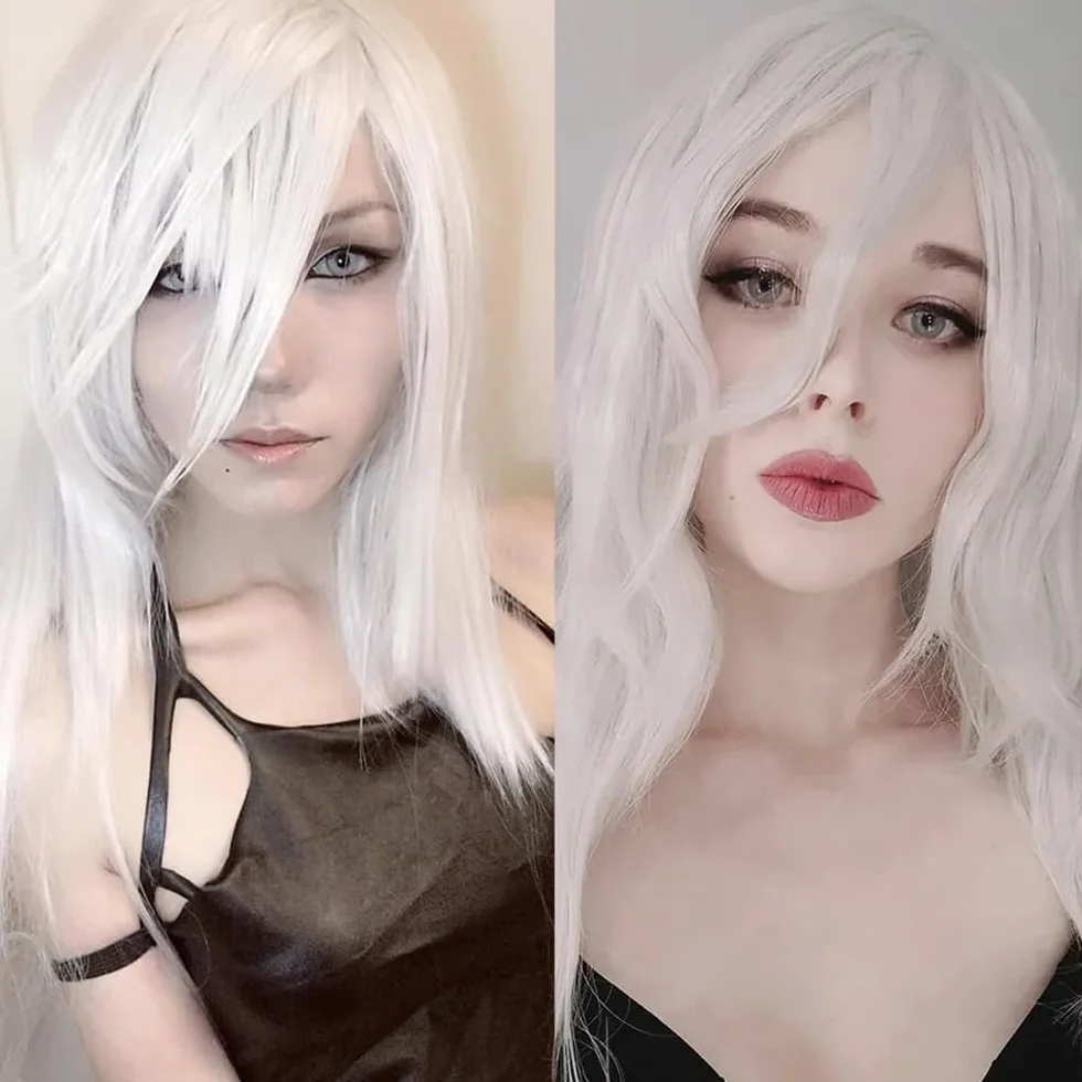 28 cali 70 cm damska peruka do Cosplay, długie peruki falowane kręcone włosy z grzywką na imprezę anime kostium na Halloween biały