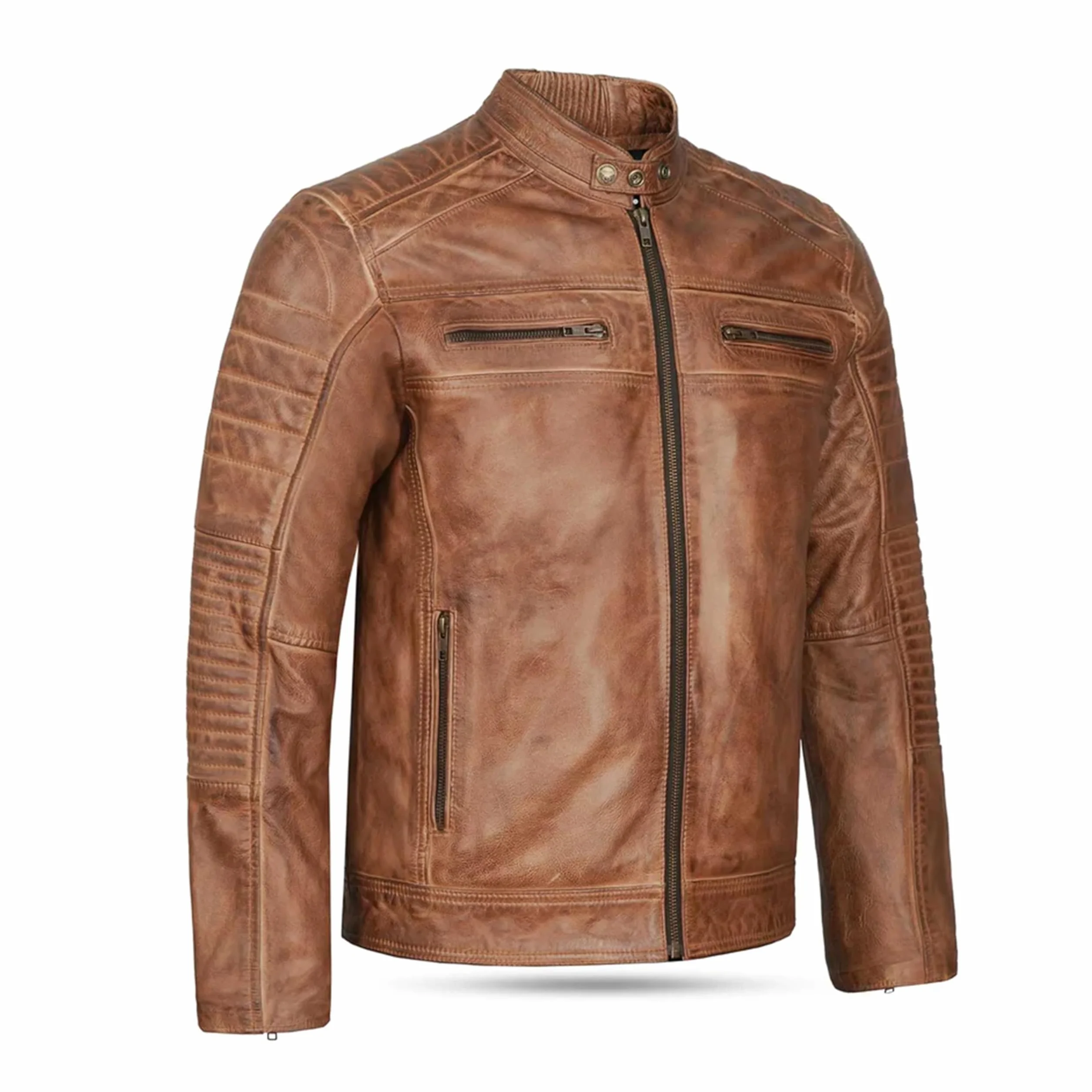Leatherick Męska skórzana kurtka - postarzana brązowa skóra bydlęca styl retro vintage kurtka motocyklowa z wieloma kieszeniami