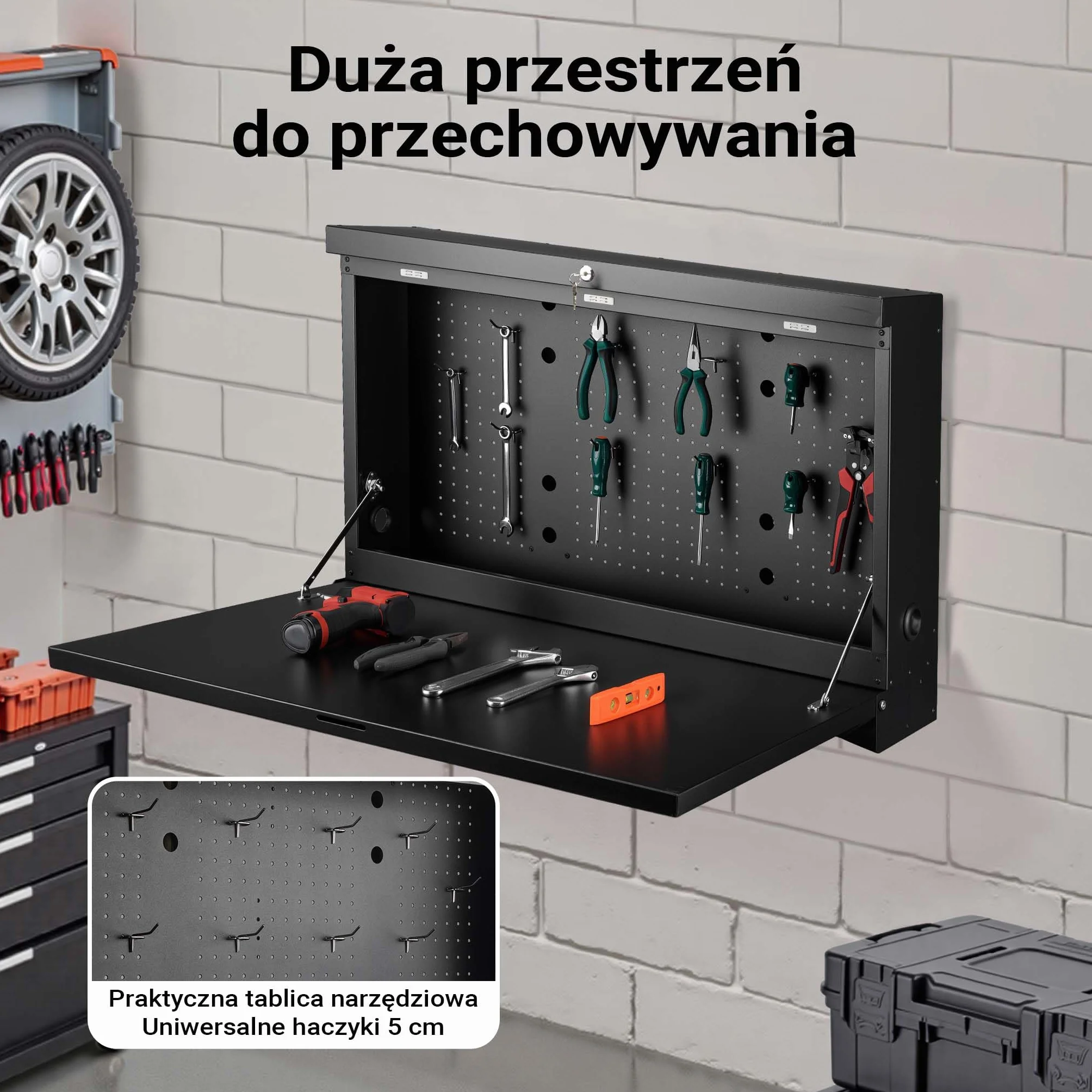 Wiltec Składany stół warsztatowy do 50 kg nośności z blatem 905 x 515 mm, wisząca szafka na ścianie z tablicą warsztatową na narzędzia