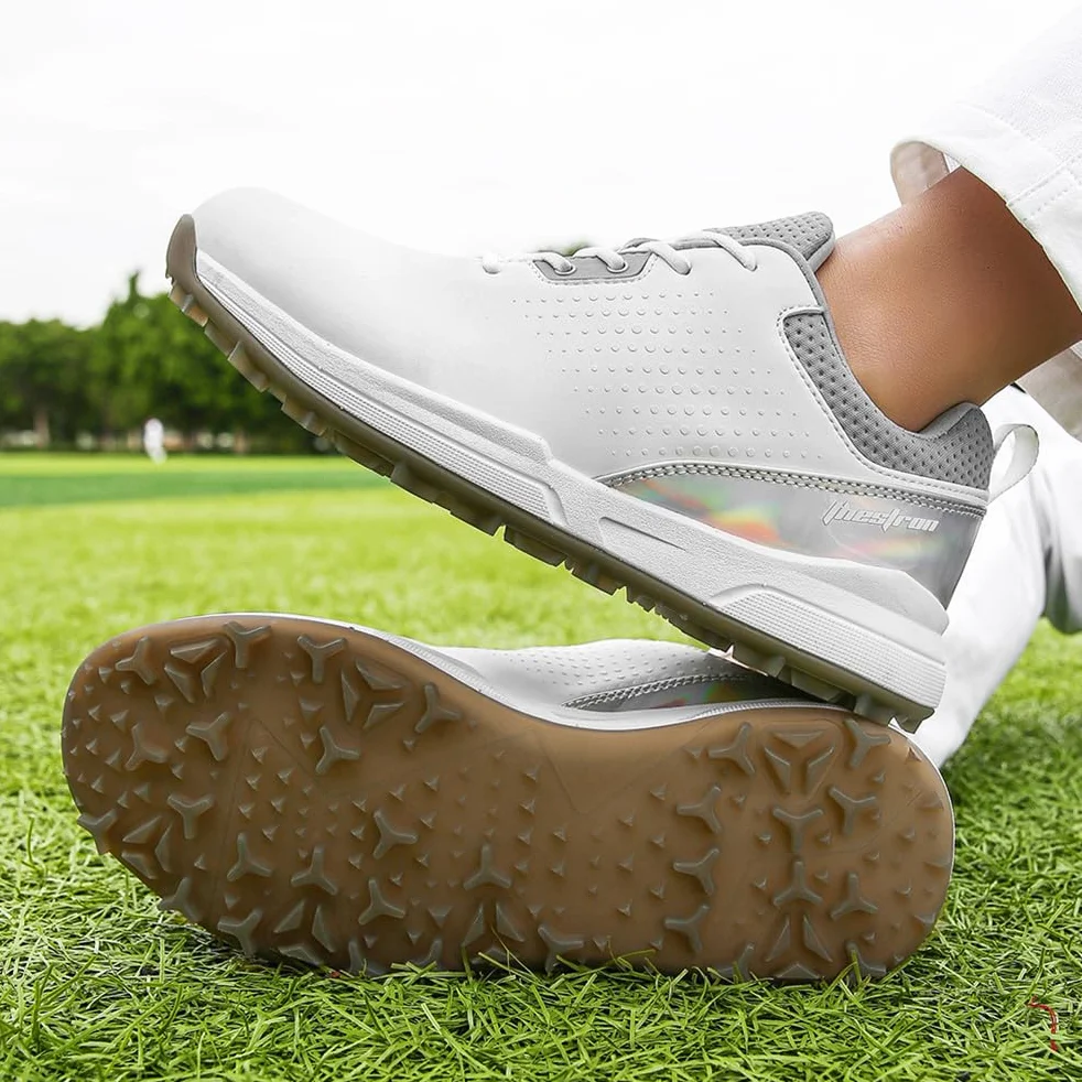 Męskie buty do golfa Spikless Leather Wide Fitting Golf Sneakers Outdoor Large Size Wodoodporne obuwie do chodzenia,White,41 EU