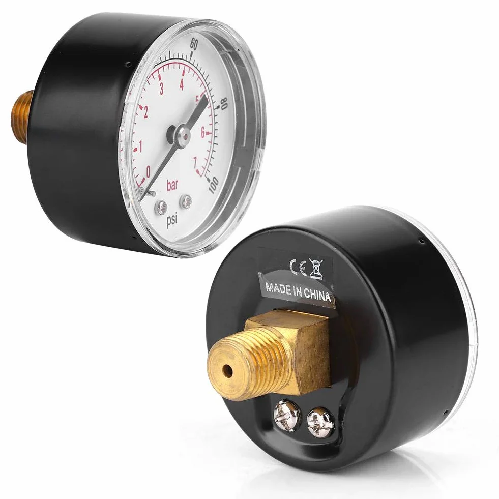 Manometr, tarcza 50 mm Osiowy manometr 1/4 BSPT z mosiądzu Manometr powietrza Tylne przyłącze do powietrza, wody, oleju, gazu (0-100 psi 0-7 bar)