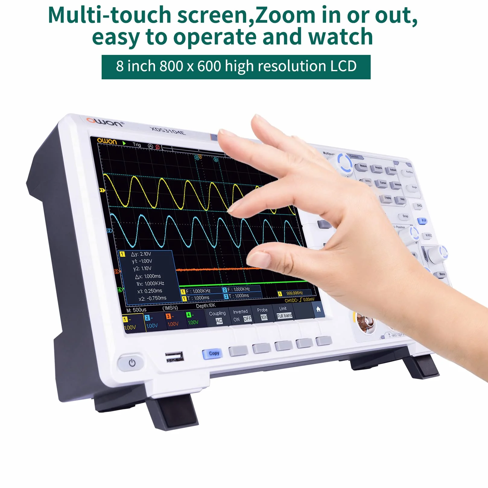 OWON XDS3104E oscyloskop LCD o wysokiej rozdzielczości 8" ekran dotykowy, przepustowość 100 MHz i częstotliwość próbkowania 1GS/s częstotliwość odświeżania 45 000 wfms/s przebieg odświeżania z 4CH DSO