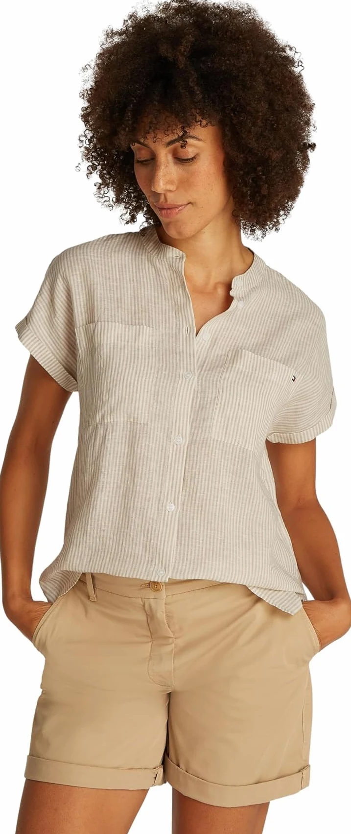 Tommy Hilfiger ESS lniana bluzka bez kołnierza S/S WW0WW44715 Kobiety Ess Linen Collarless S/S Blouse Ww0ww44715