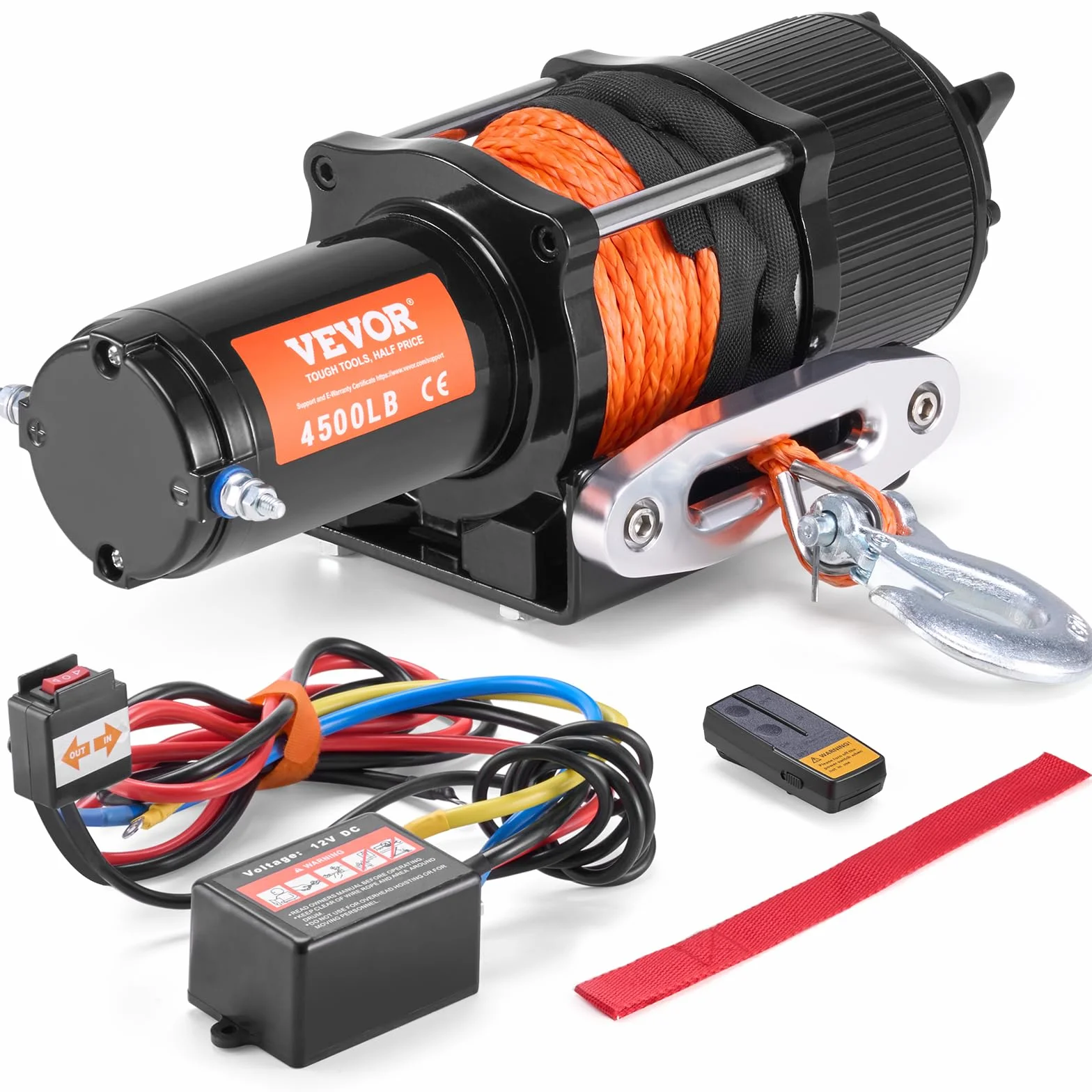 VEVOR Wciągarka linowa 12 V, 2041 kg, wciągarka elektryczna 12 V DC do pojazdów terenowych/UTV, wciągarka silnikowa z 12-żyłową linką syntetyczną (Φ0,6 x 1188,7 cm), aluminiowa prowadnica liny, piloty