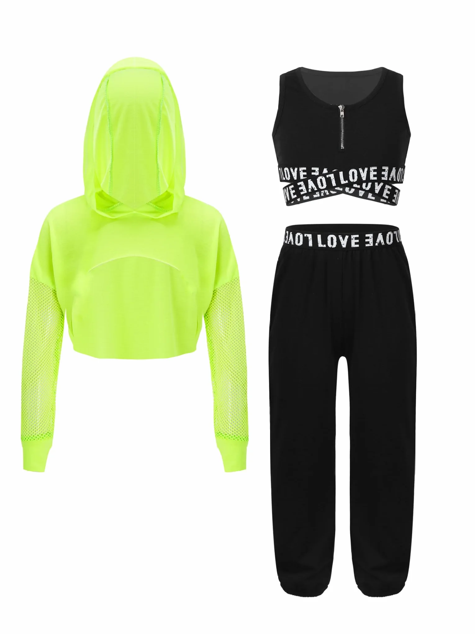 Dziewczęca odzież hip-hopowa Streetdance strój z odkrytym brzuchem bluza z kapturem Crop Tank Top i czółenka 3-częściowy zestaw sportowy do treningu tanecznego