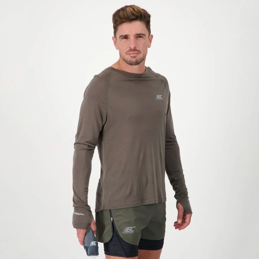 BODYCROSS męska wełniana koszulka do biegania Miky Khaki - Tencel - termoregulacja, lekkość, komfort, widoczność, przepustka kciuk